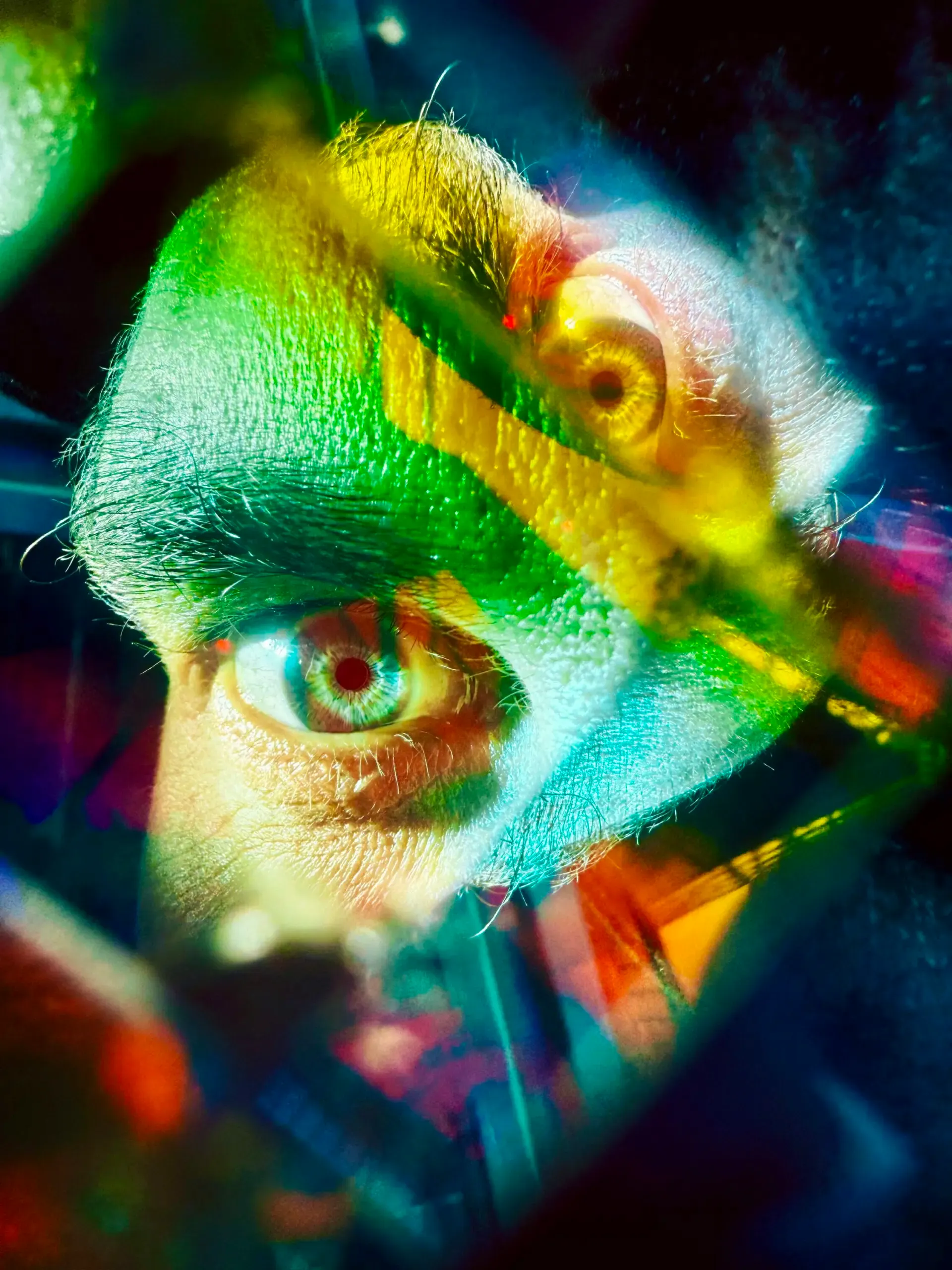 Experimentelle Doppelbelichtung eines Auges in bunten Farben