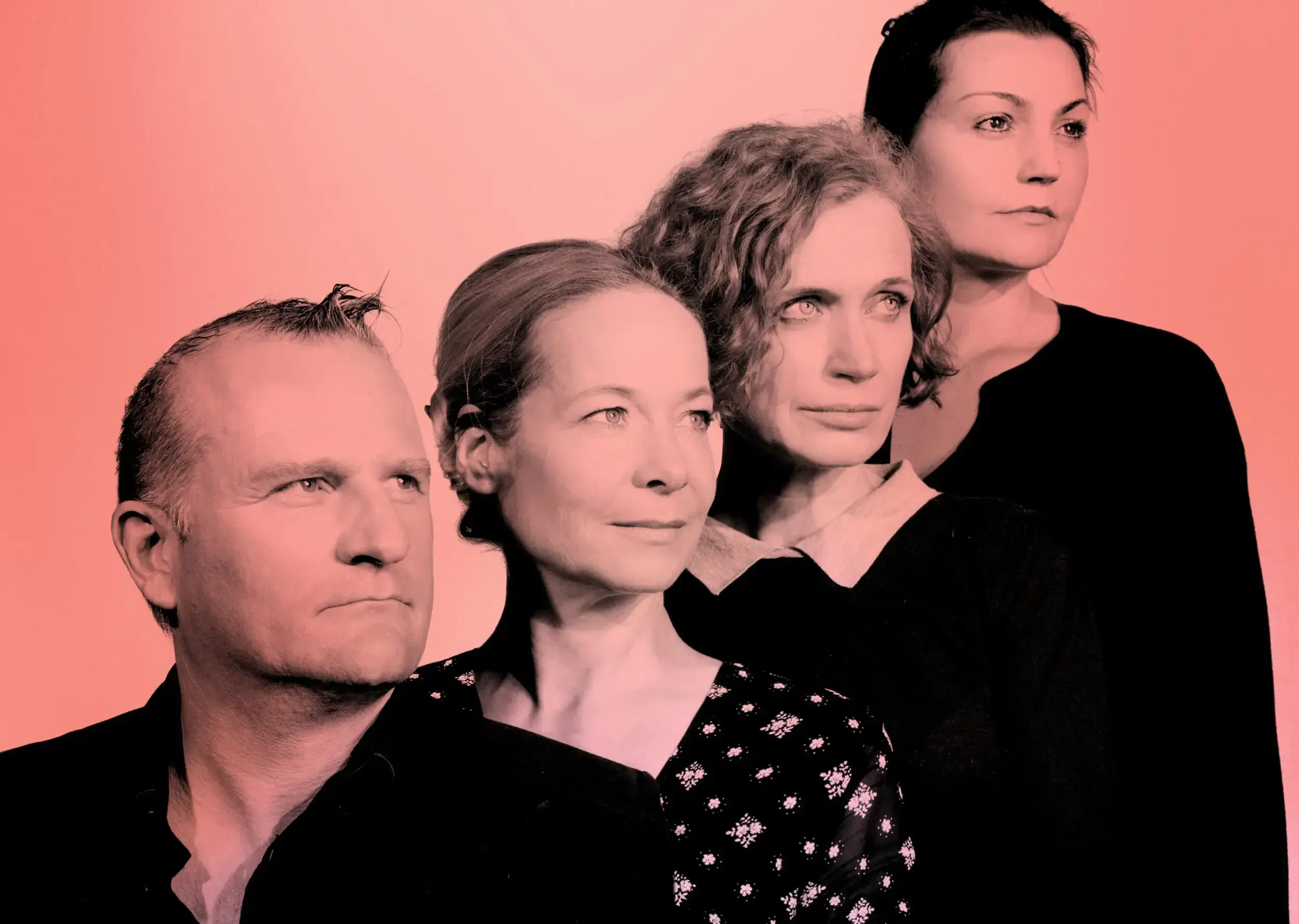 Four theatre actors posing in a row like a Kraftwerk album cover against a pink background.