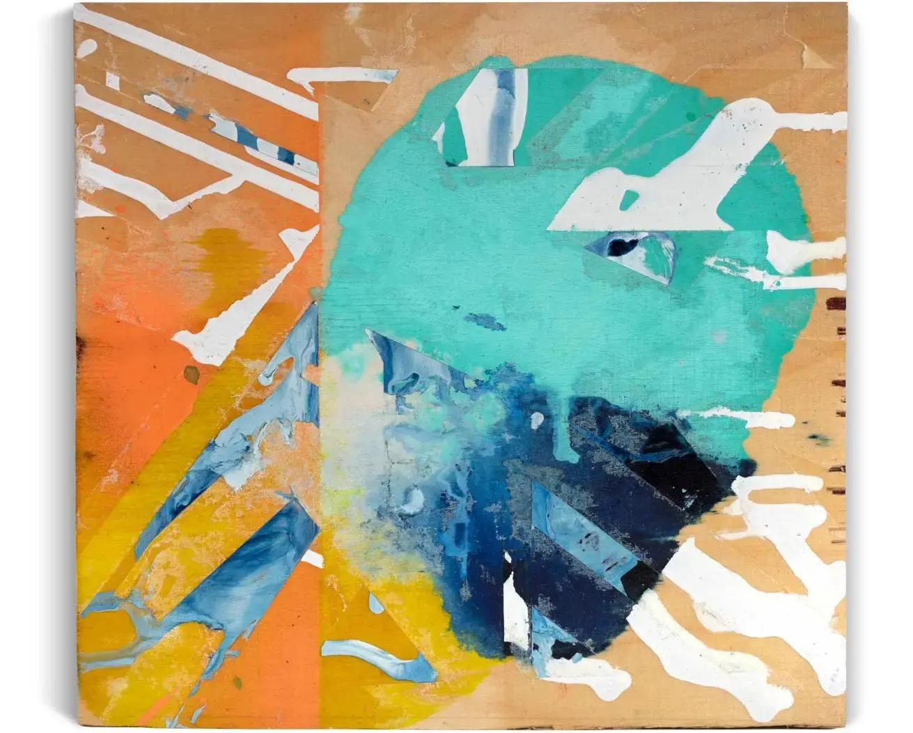Abstraktes Gemälde von Christoph Engelhard mit türkiser Form auf beigem Grund