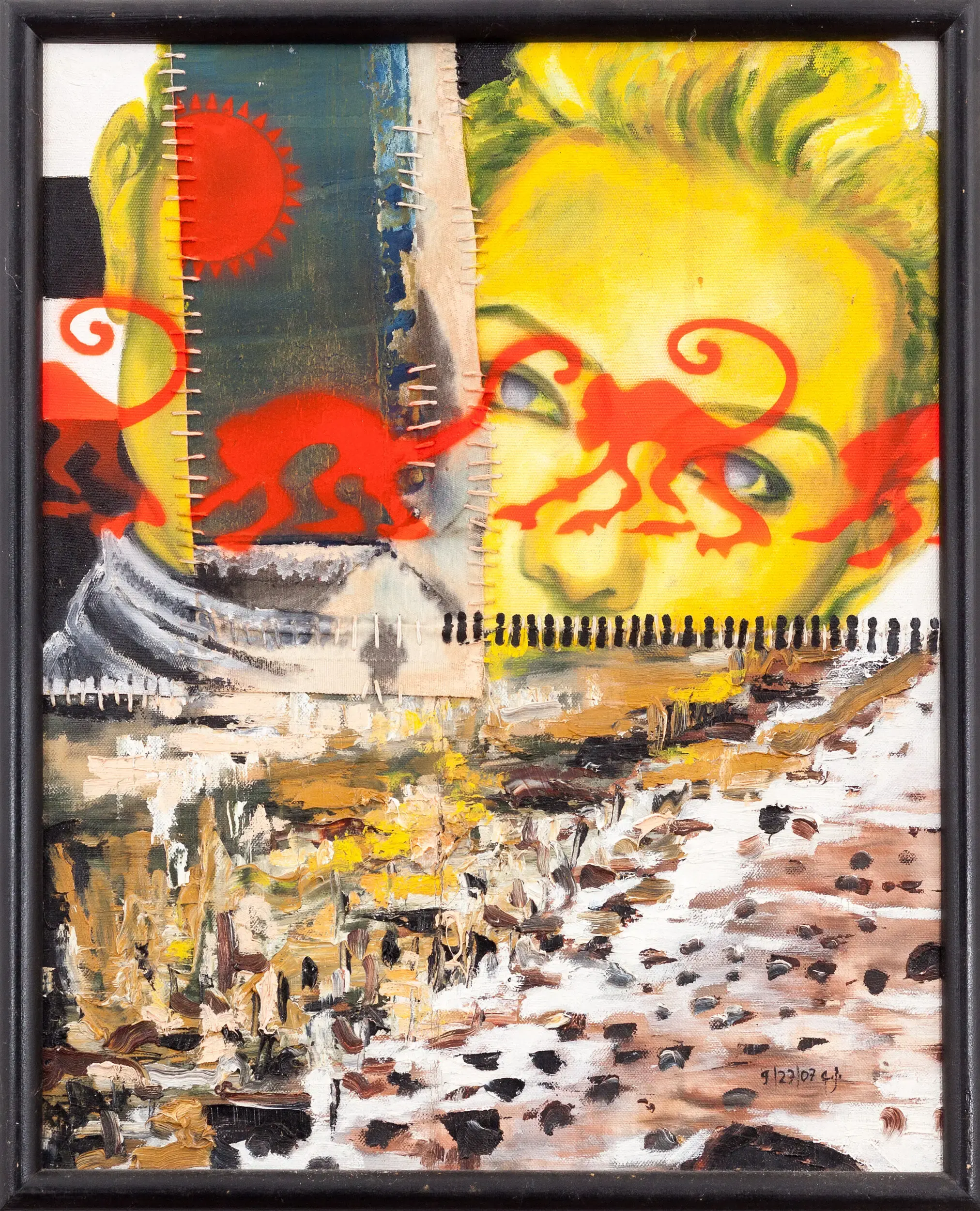 Bunte abstrakte Collage mit Figuren in Gelb und Rot