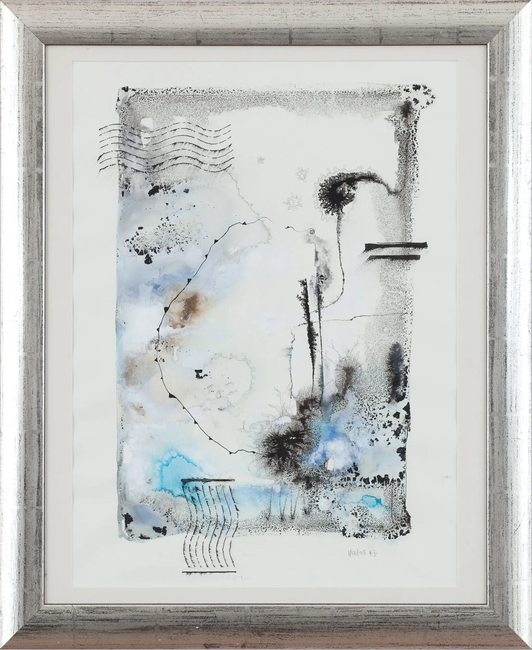 Abstrakte Skizzen-Collage mit blauen Elementen, gerahmt