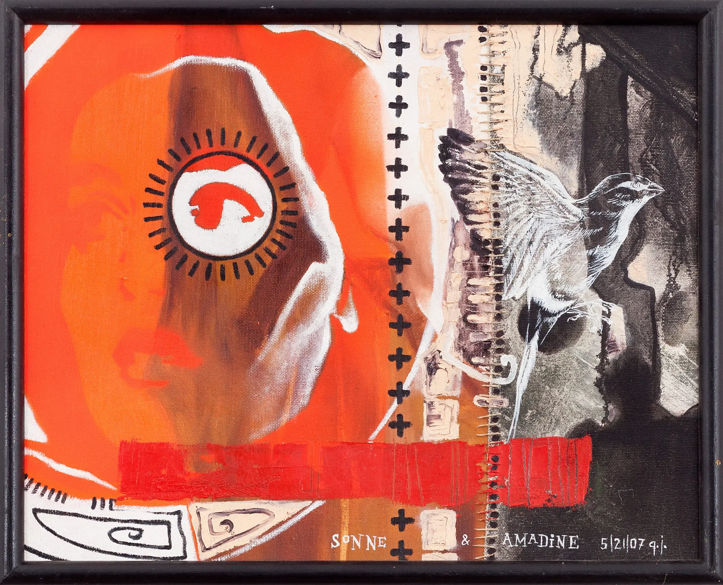 Orangefarbene Collage mit stilisiertem Auge und Vogelmotiv