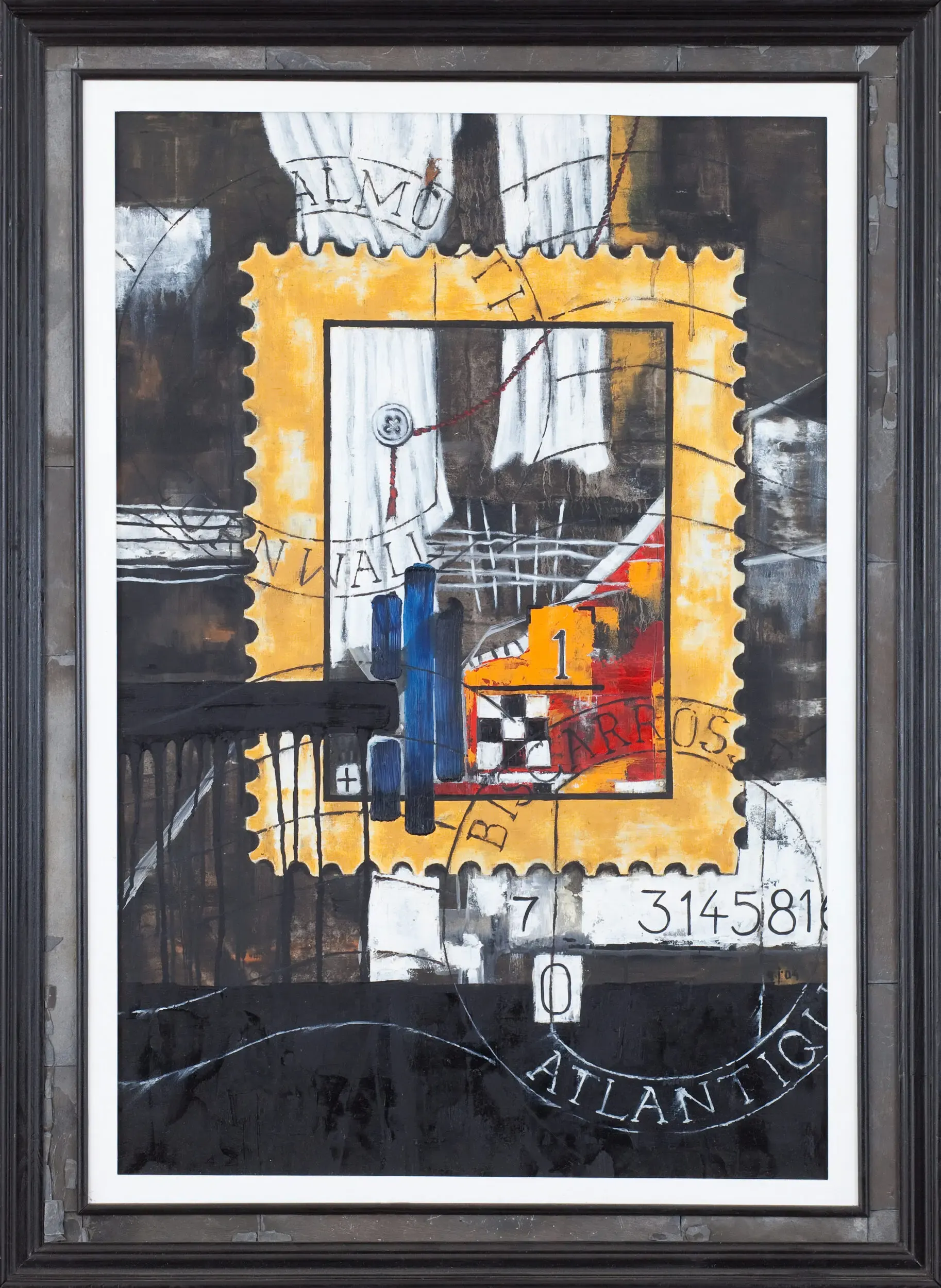 Collage im Briefmarken-Stil mit gelbem Rahmen und Schriftzug 'Atlantic'
