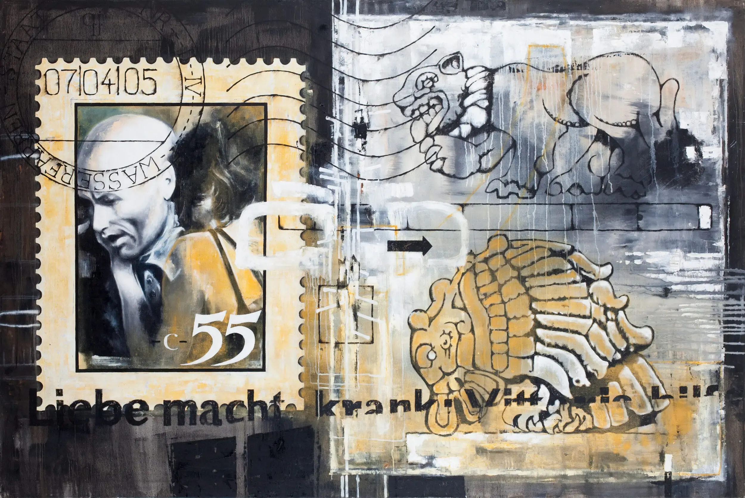 Collage mit Briefmarke, Gesicht und Schriftzug Liebe macht krank