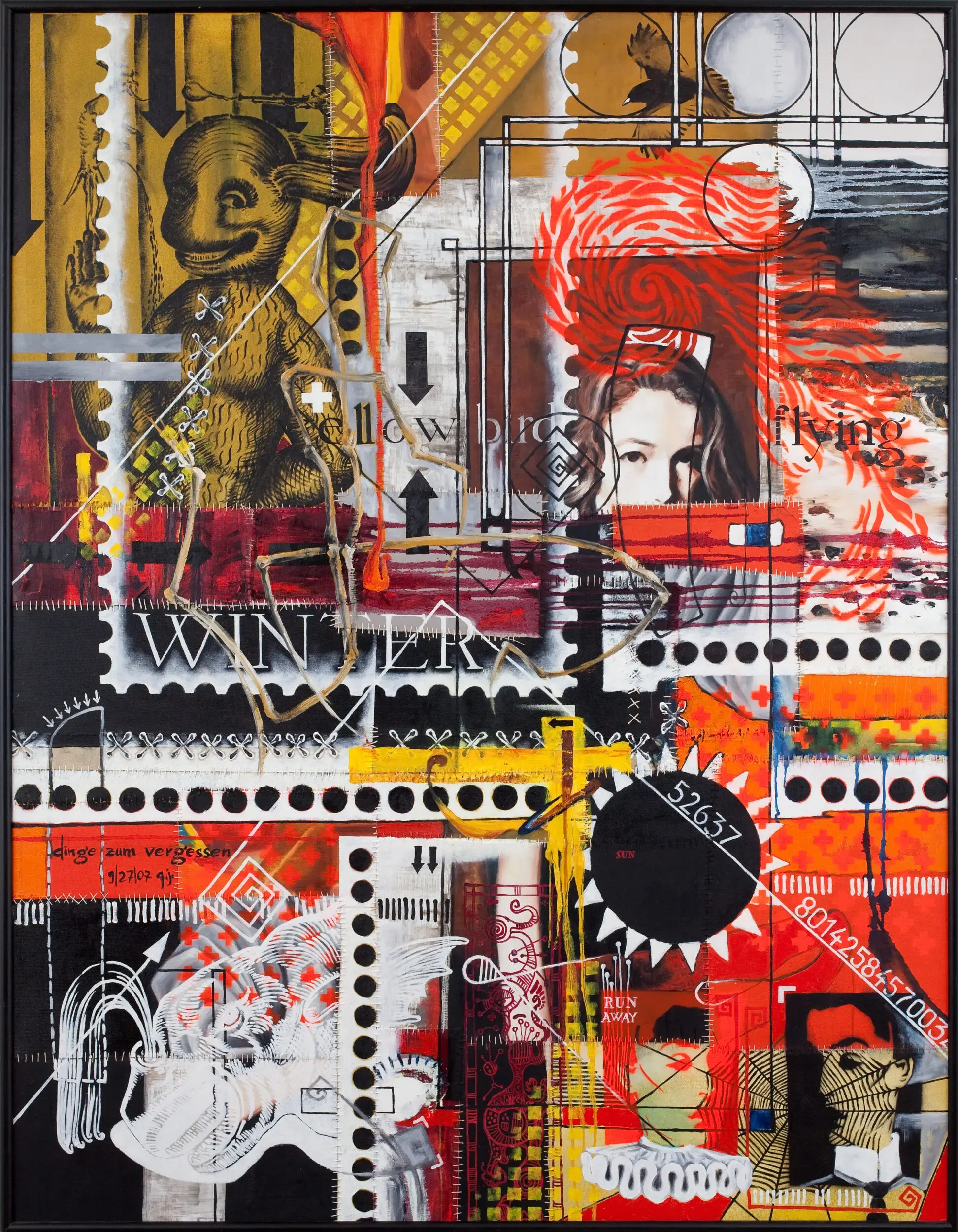 Bunte Collage mit Briefmarken, Gesichtern und Schriftzügen