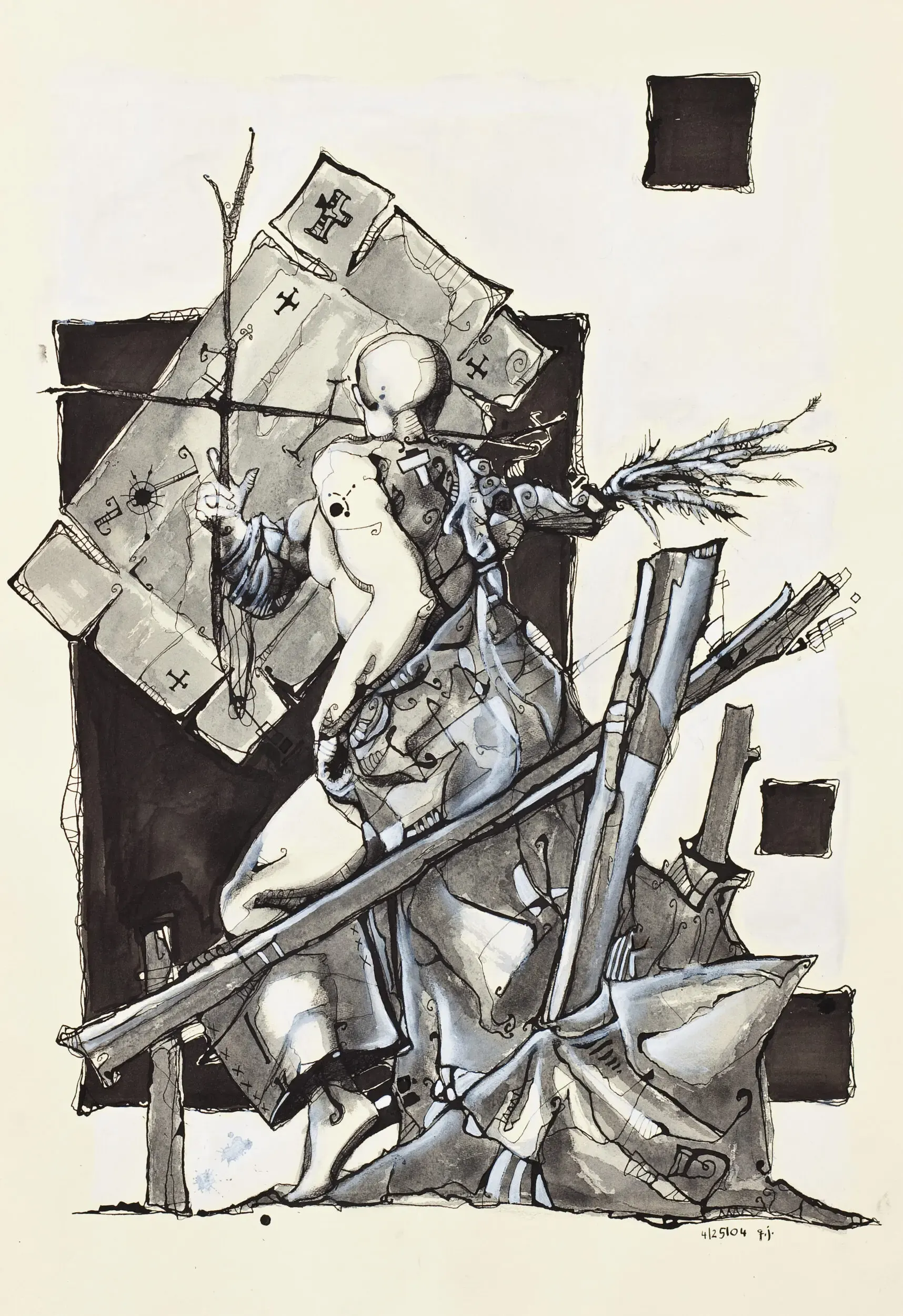Dunkle Mixed-Media-Collage mit Figur und Kreuz