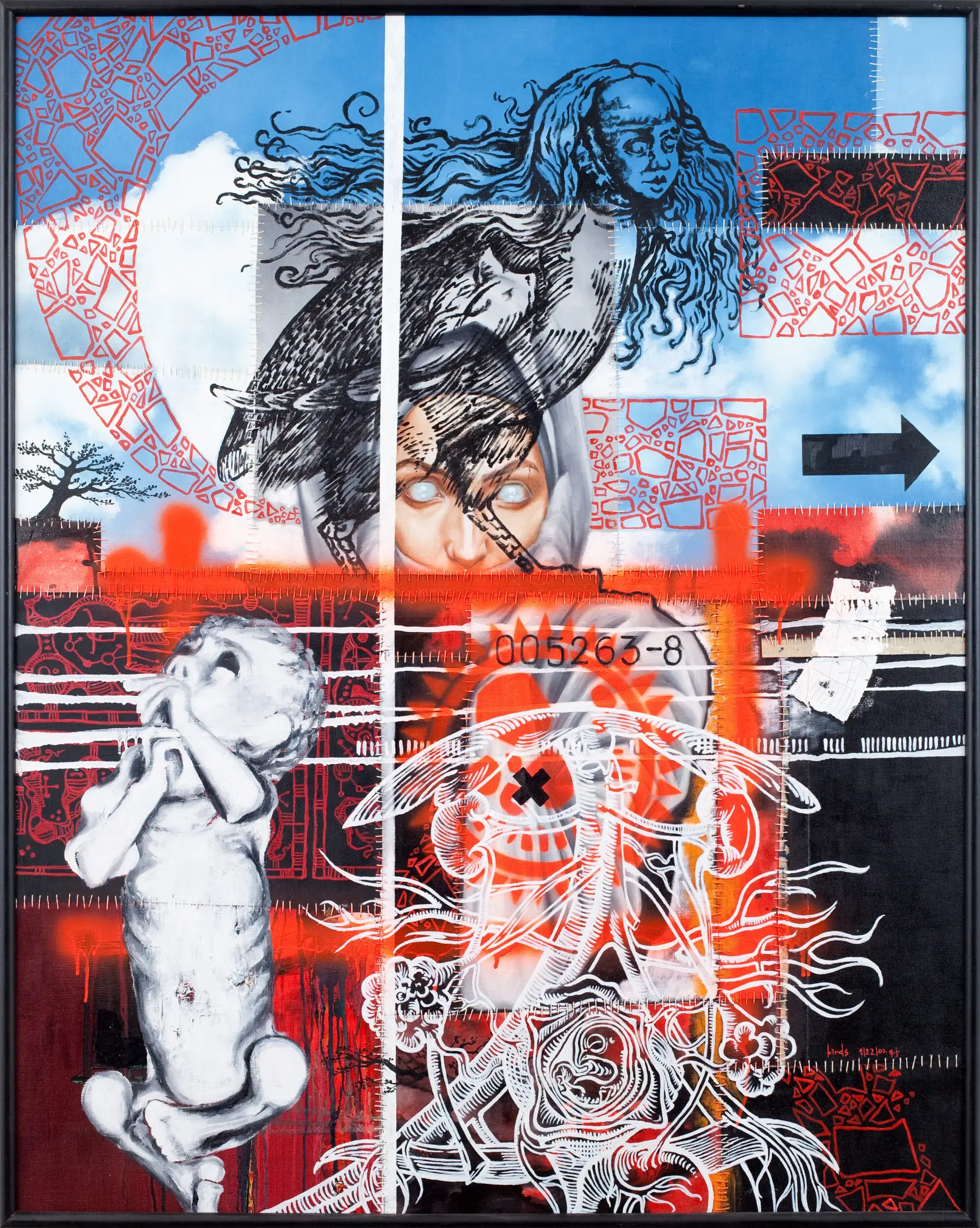 Collage mit mehreren Figuren, Barcode-Motiv und rotem Kreuzmuster