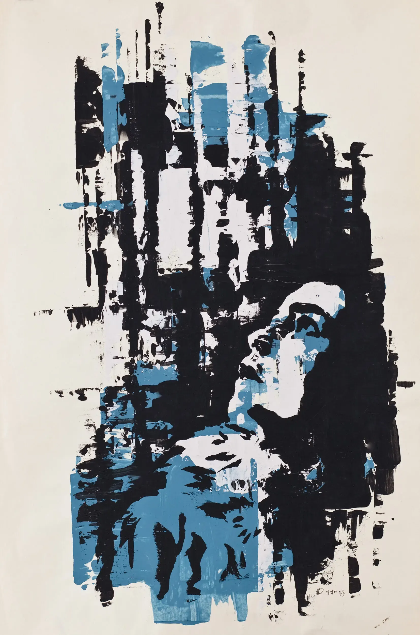 Abstrakte Collage mit Figuren in Blau und Schwarz