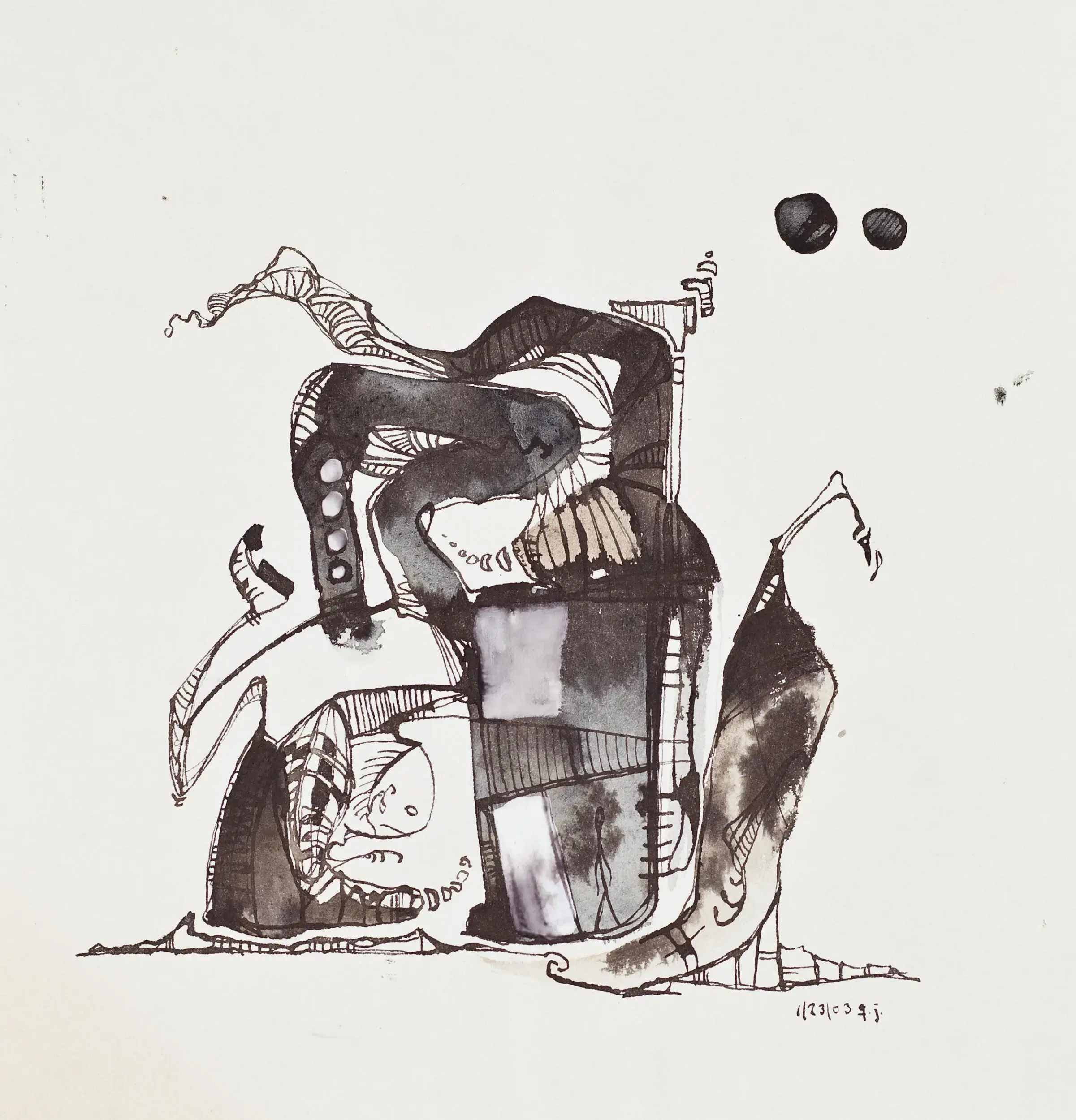 Schwarzweiße Mixed-Media-Collage mit Figuren und Gefäß