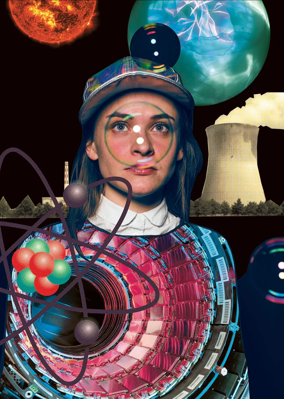 Frauengesicht mit bunter Atomphysik-Collage aus Teilchen und Kraftwerk