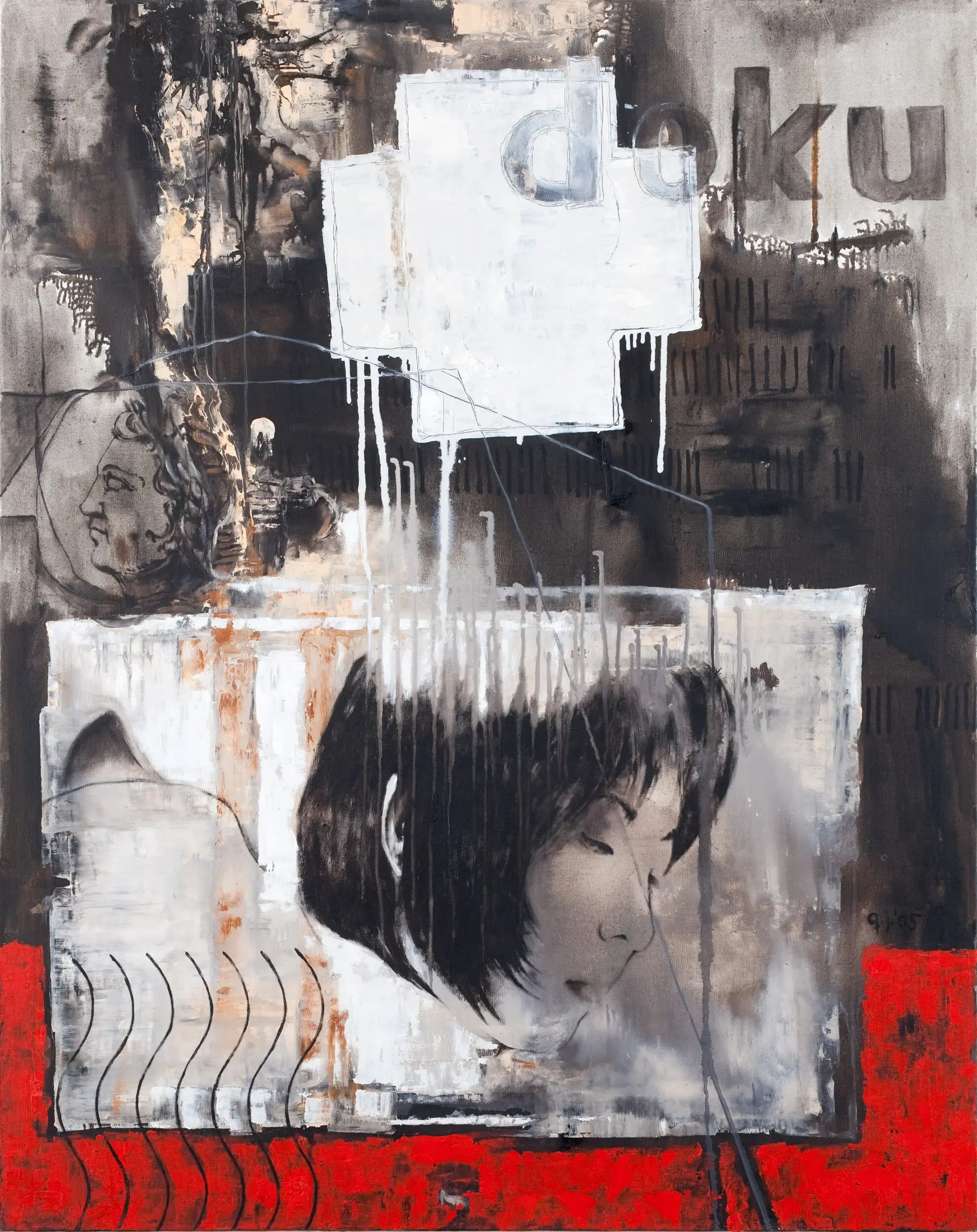 Collage mit Frauenportrait, Schriftzug Haiku und zerrissenem Papier