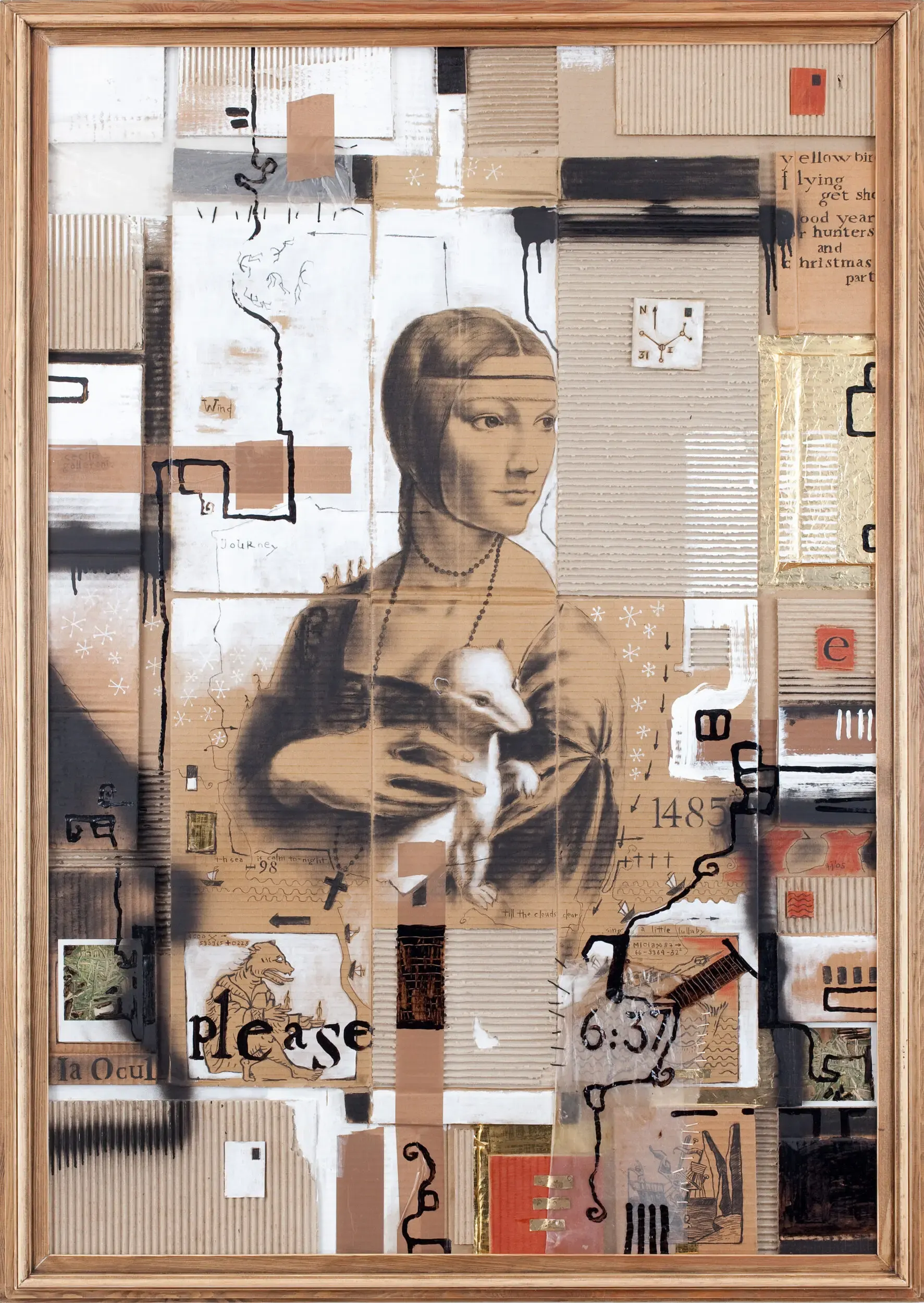 Collage einer Frau mit Katze zwischen bedruckten Papieren und Schriftzug 'Please'