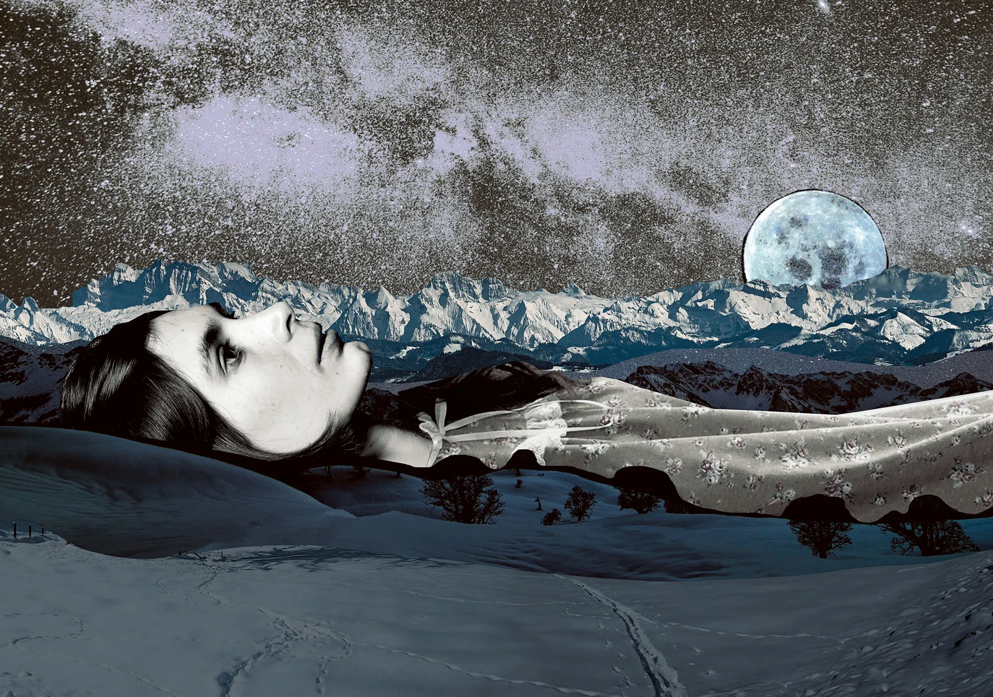 Collage eines Frauengesichts über einer blauen Berglandschaft