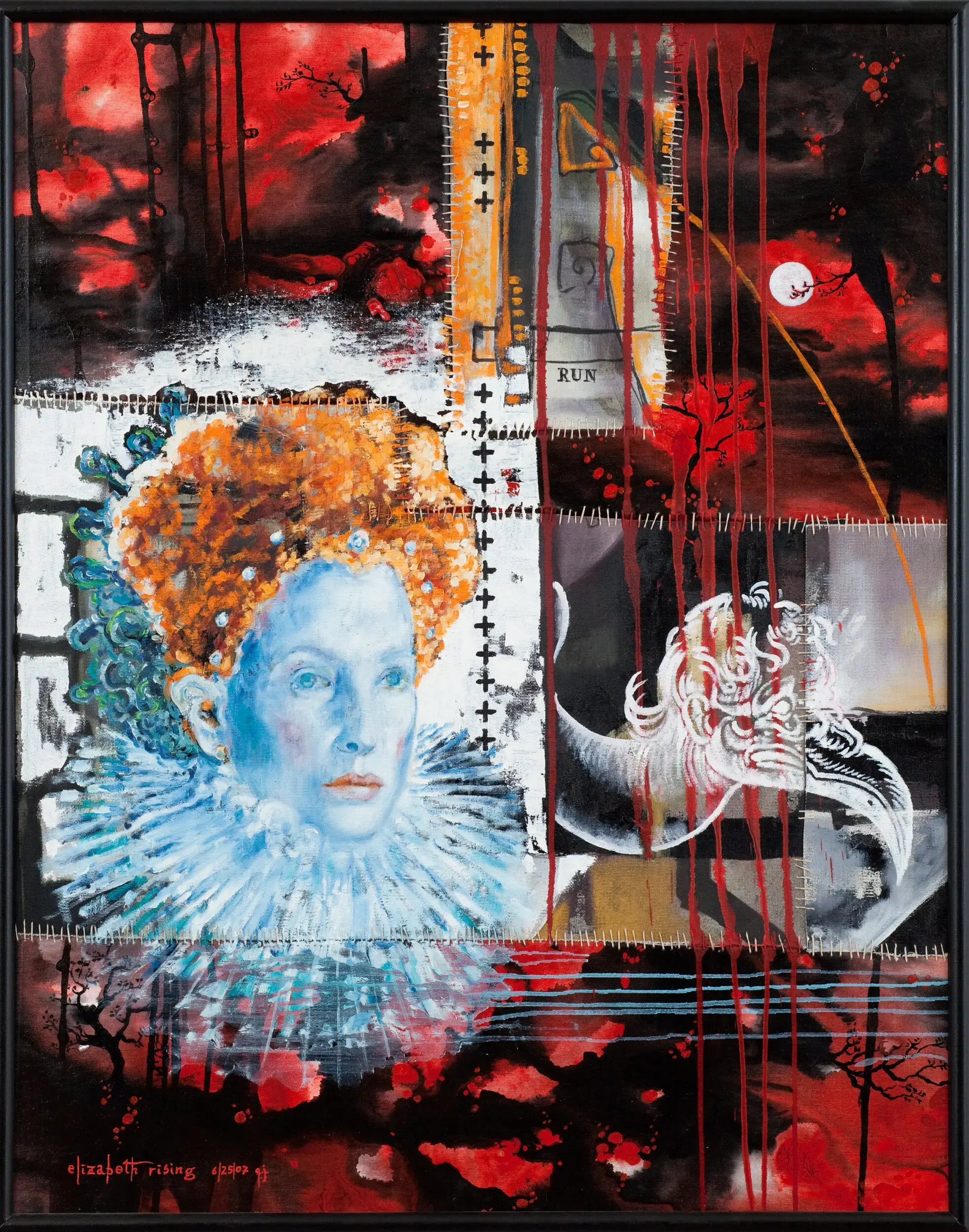 Collage eines Frauenkopfes in Rottönen, Mischtechnik