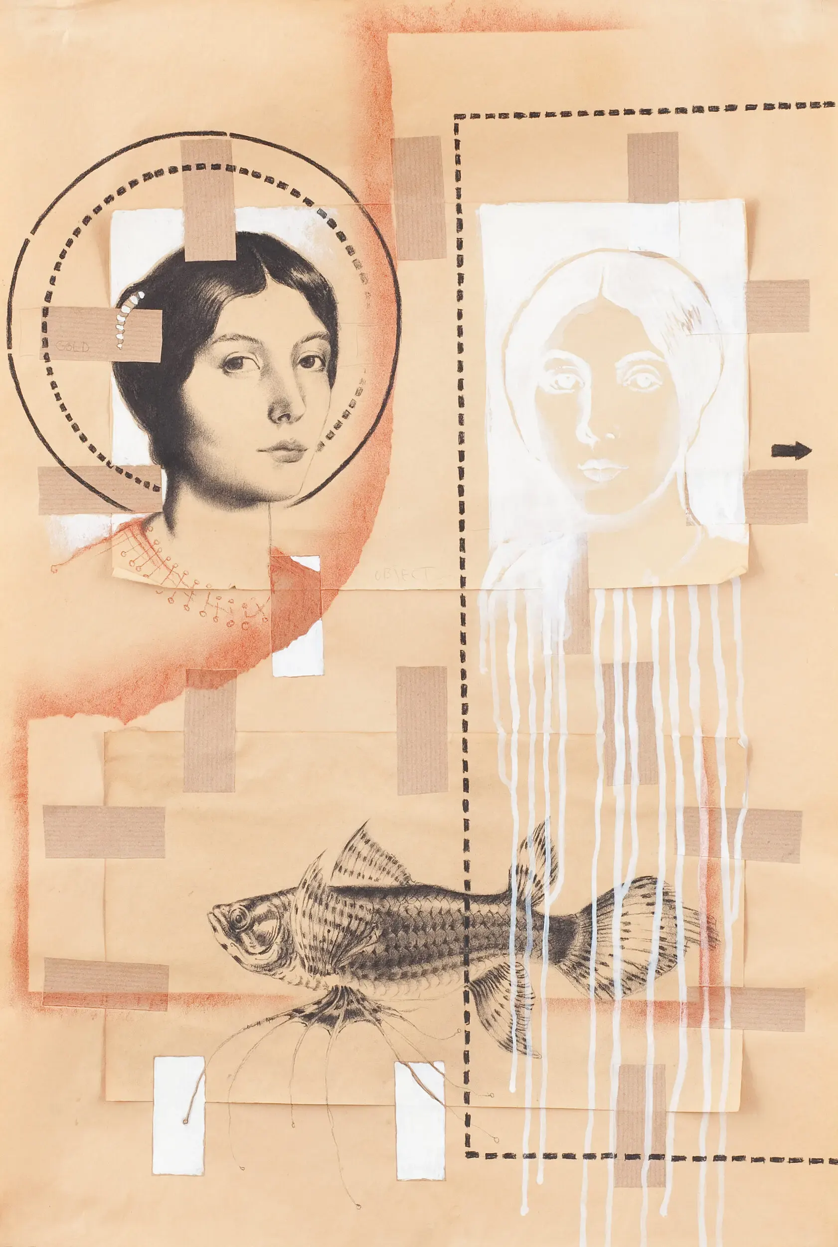 Collage mit zwei Frauenporträts und Fischmotiv in Beigetönen