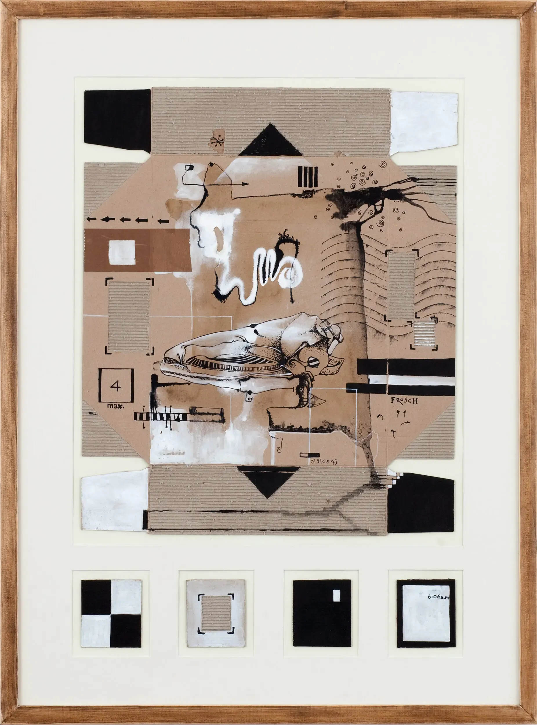 Collage mit geometrischen Formen und Tiermotiv auf Karton
