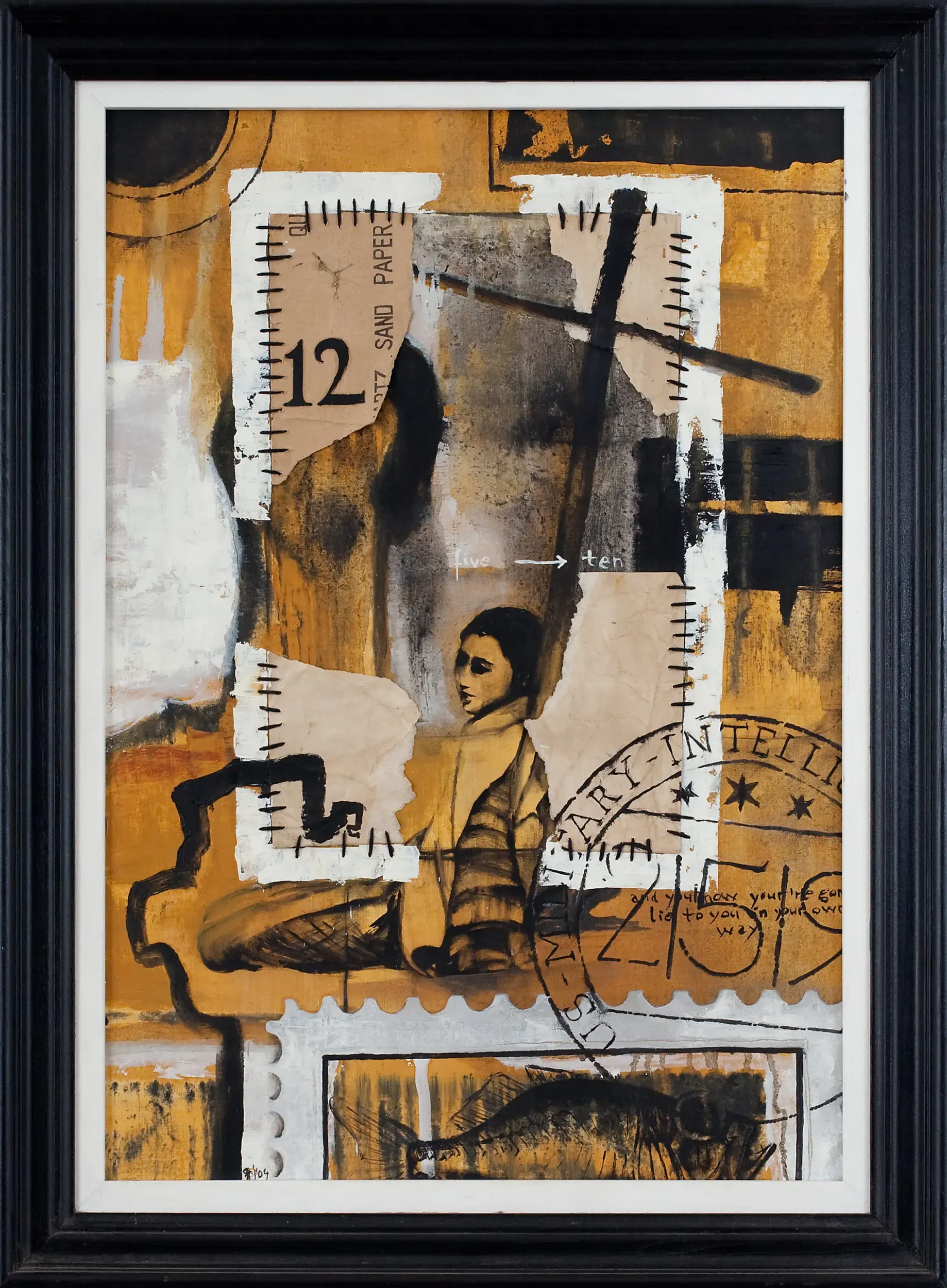 Gerahmte Collage mit Uhr und Figur in Brauntönen