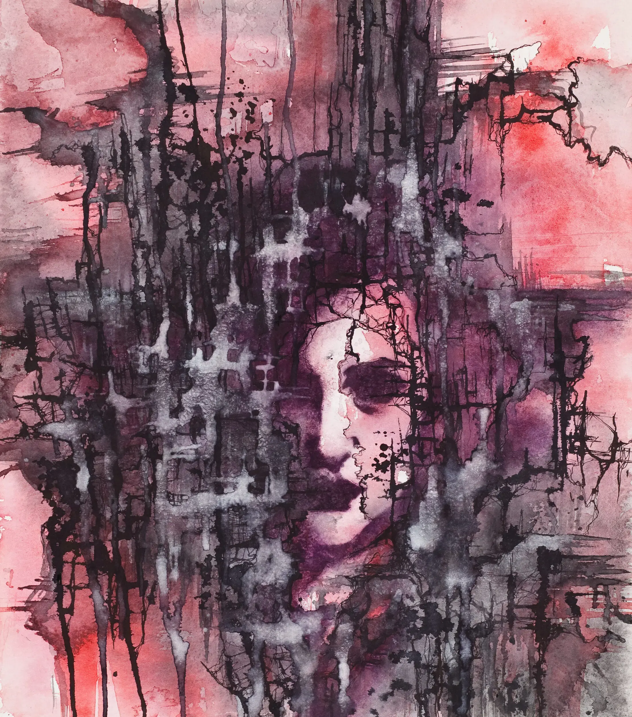 Abstrakte Collage eines Gesichts in Pink- und Rottönen