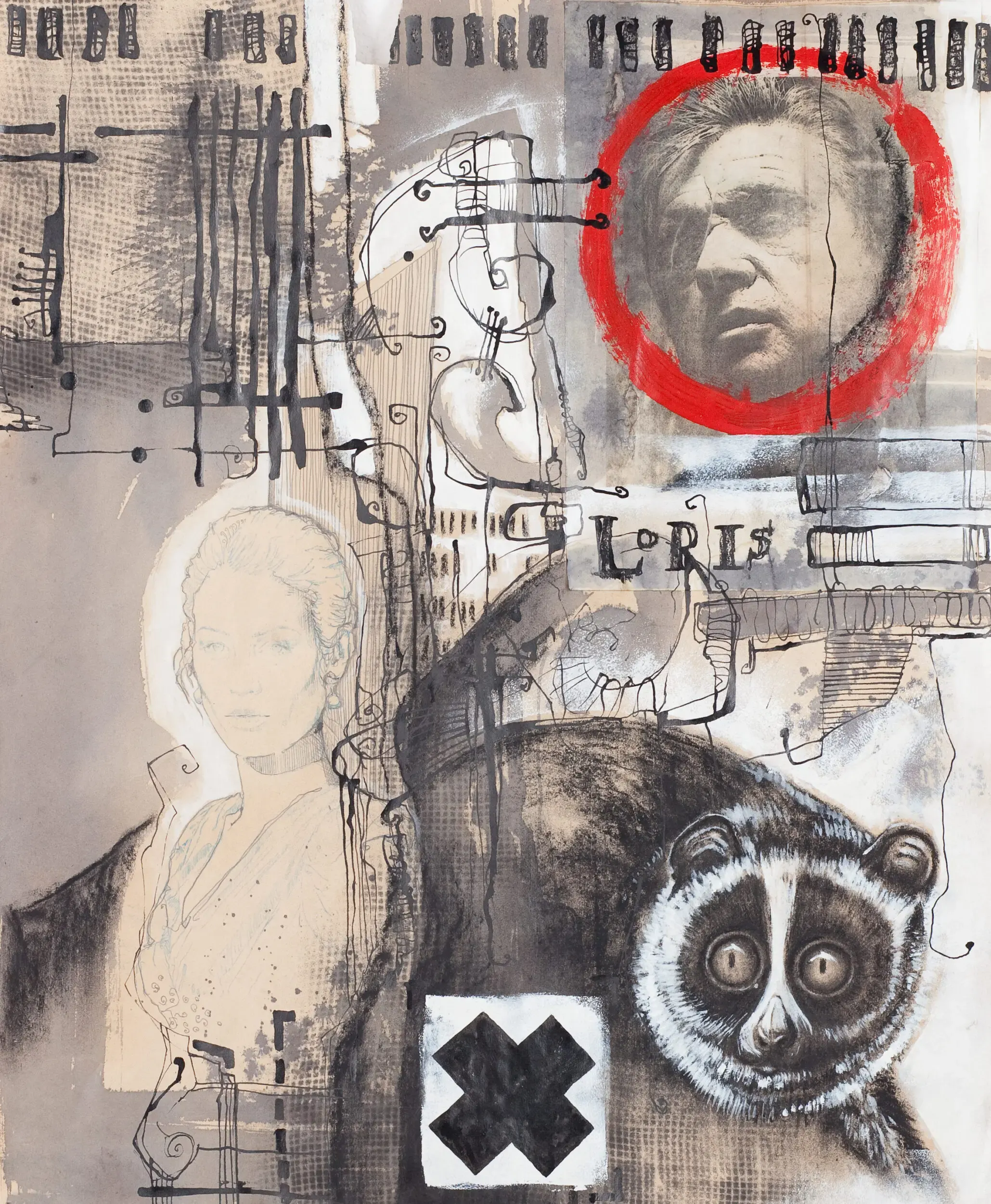 Collage mit Gesicht in rotem Kreis, Waschbär und Schriftzug 'Loris'