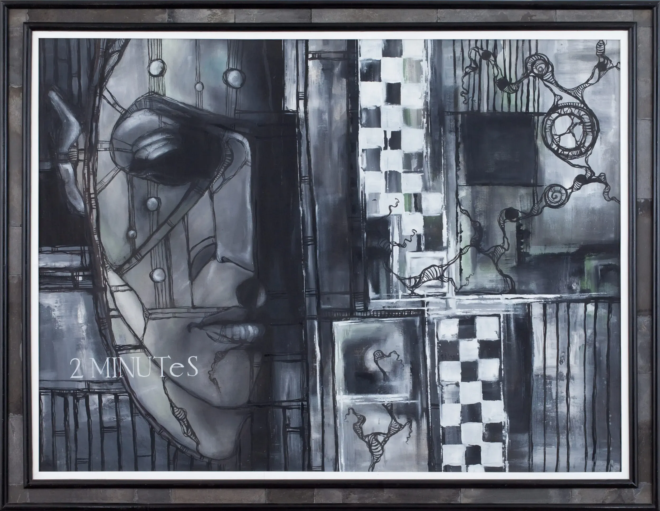 Collage mit Gesicht und Schachbrettmuster in Grautönen