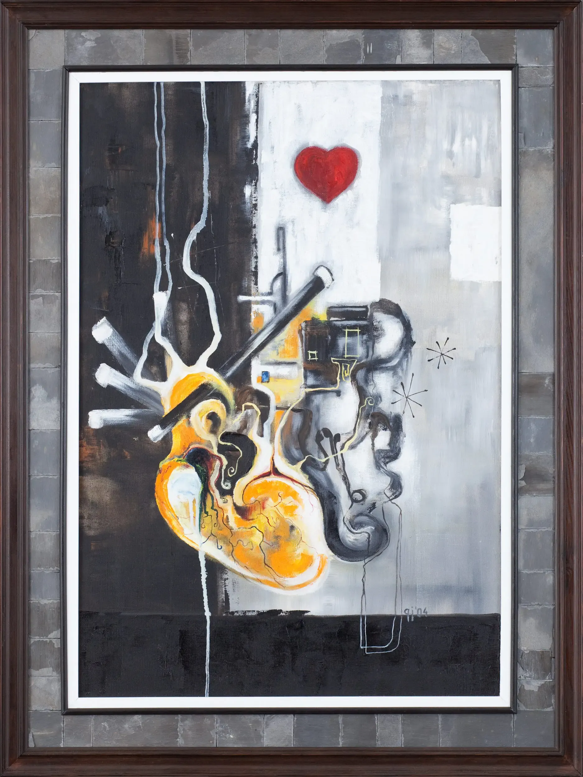 Collage mit Herzsymbol und mechanischen Elementen in Grau, gerahmt