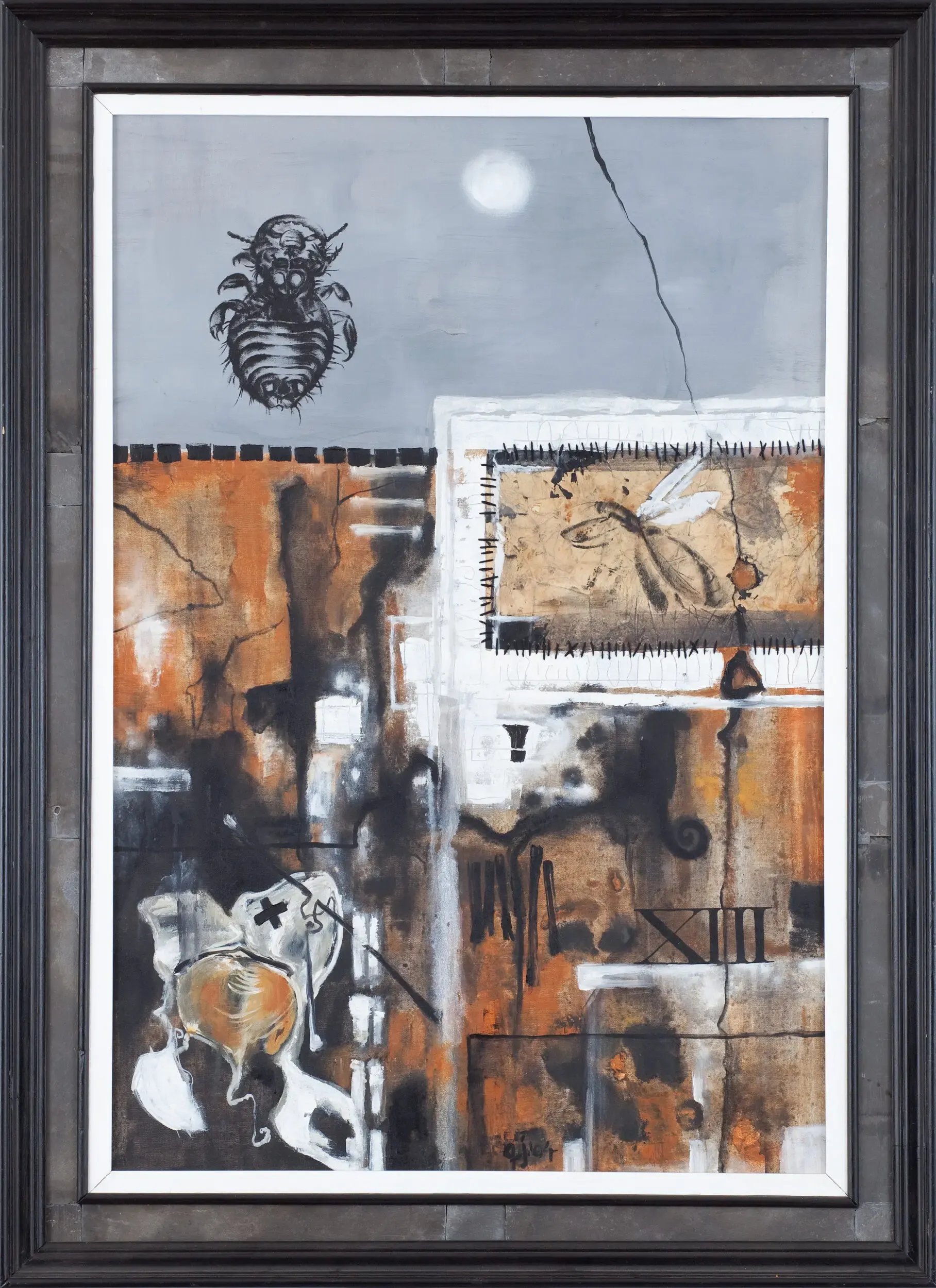 Collage mit Insekt und Mond in Brauntönen, gerahmt