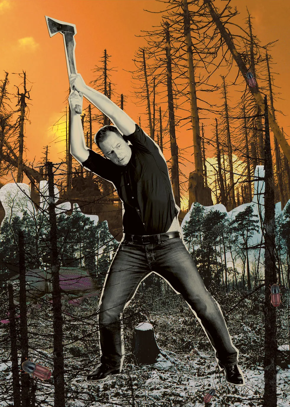 Collage eines Mannes mit erhobener Axt in einem Wald mit orangefarbenem Himmel