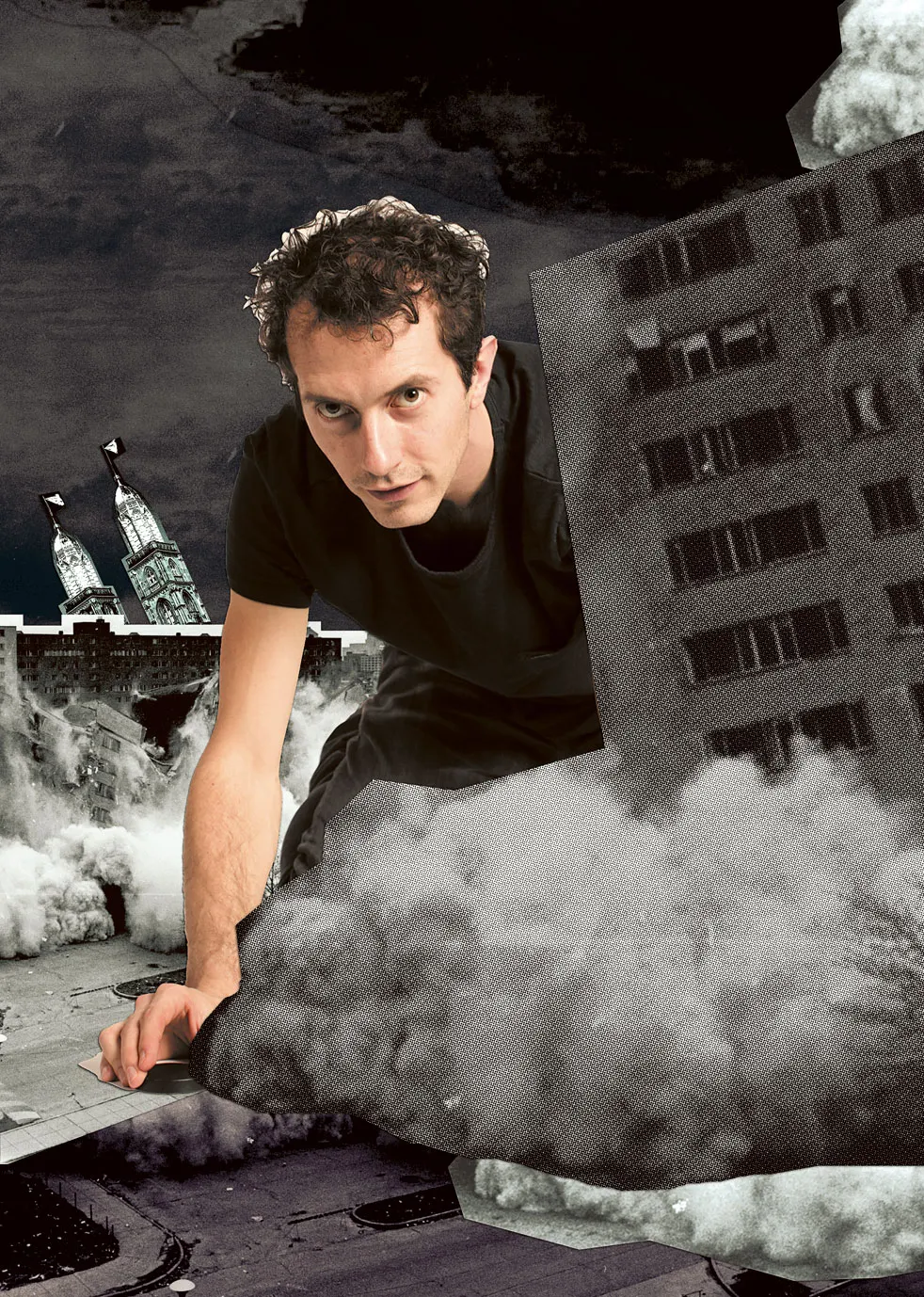 Schwarzweiße Collage eines Mannes auf einem Dach inmitten von Rauch