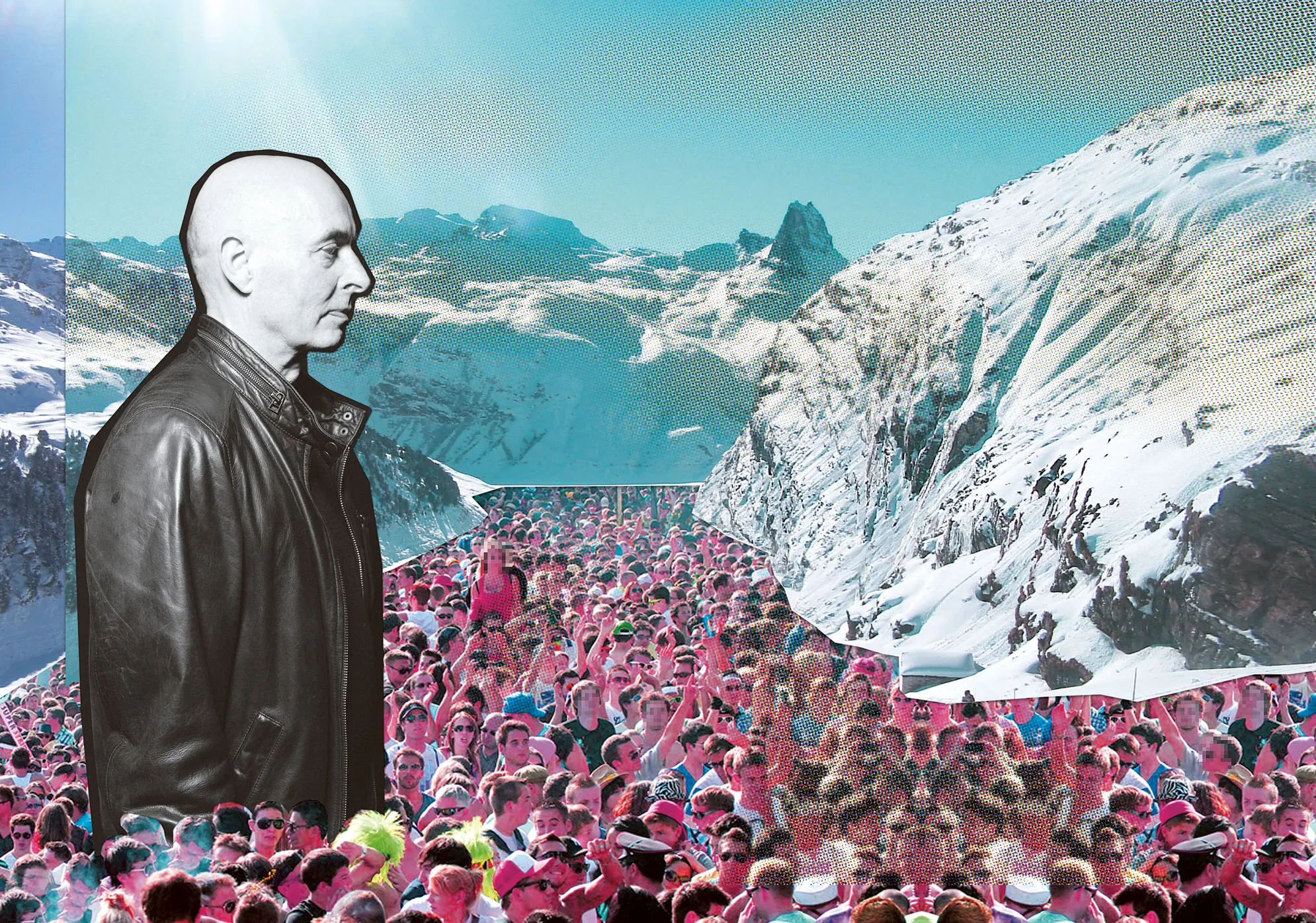 Mann in Lederjacke über Bergpanorama und Menschenmenge