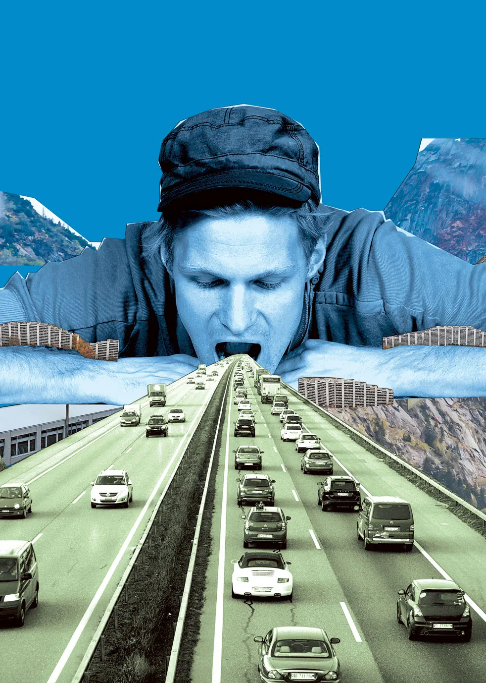 Mann mit Mütze über Autobahn mit fließendem Verkehr, blau getönt