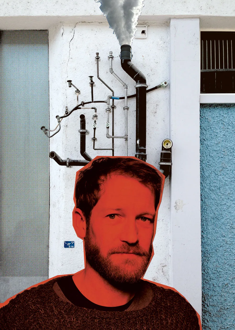 Mann-Portrait rot eingefärbt vor Gebäude mit Rohrleitungen