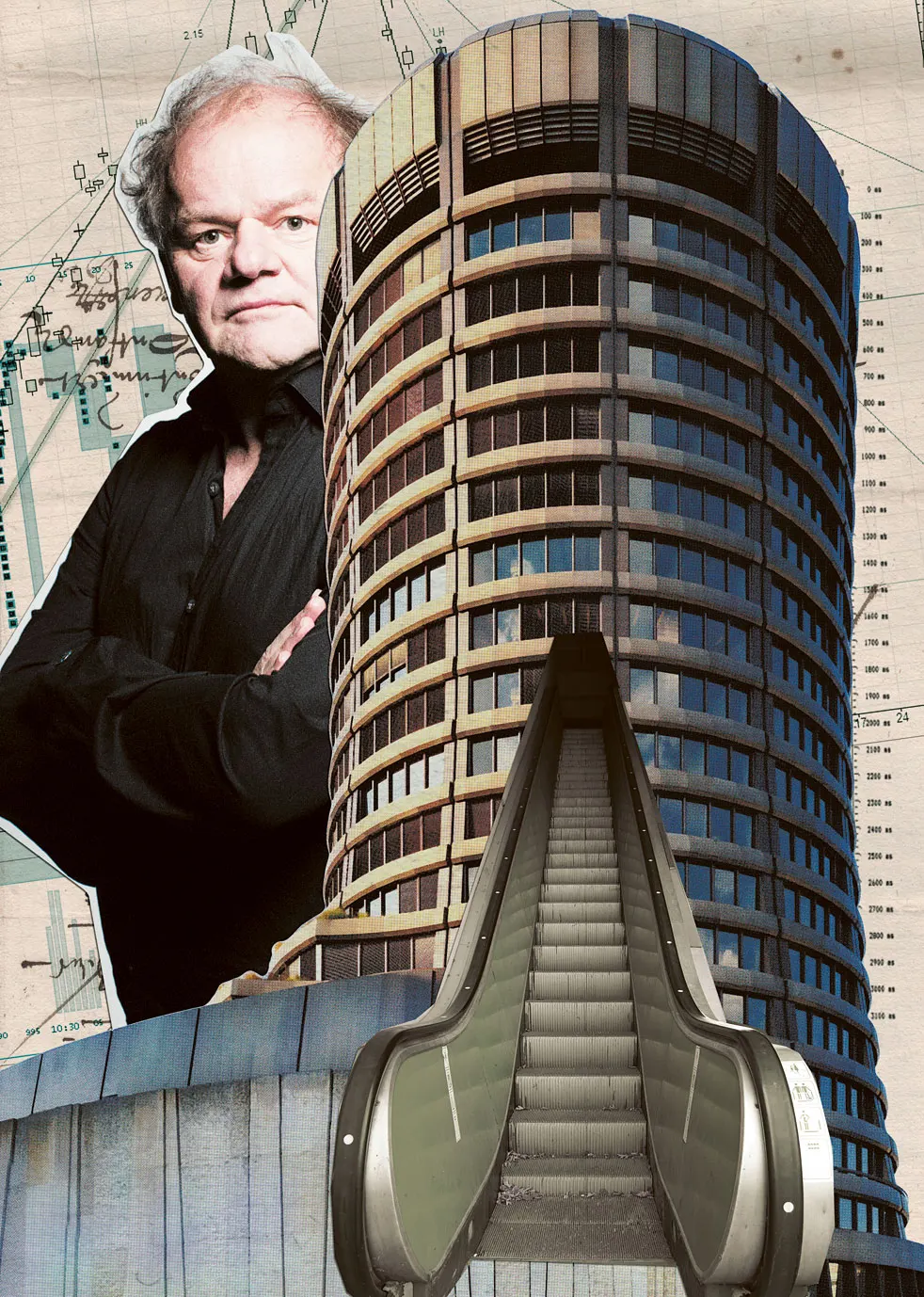 Mann-Portrait über rundem Hochhaus mit Treppenaufgang
