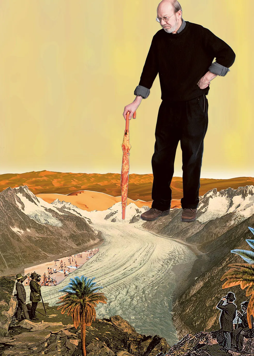 Mann geht durch Wüsten- und Berglandschaft