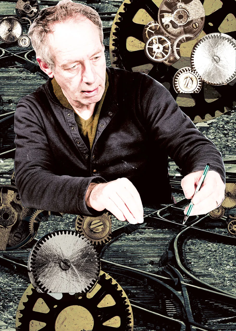 Mann-Portrait vor Zahnrädern und Uhrwerk-Mechanik