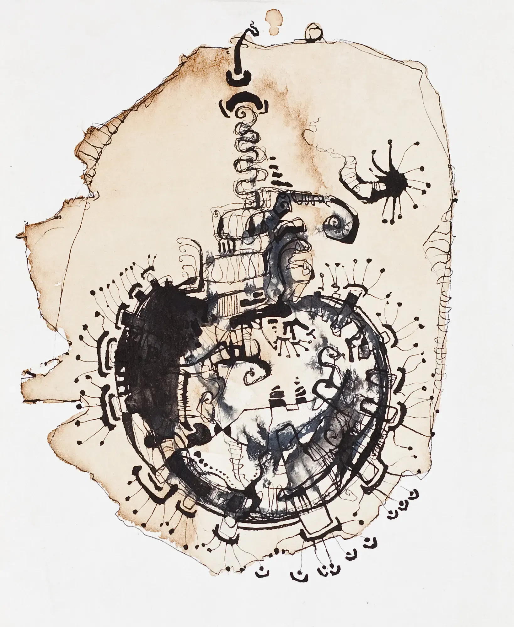 Sepiafarbene Collage einer runden, mechanischen Form