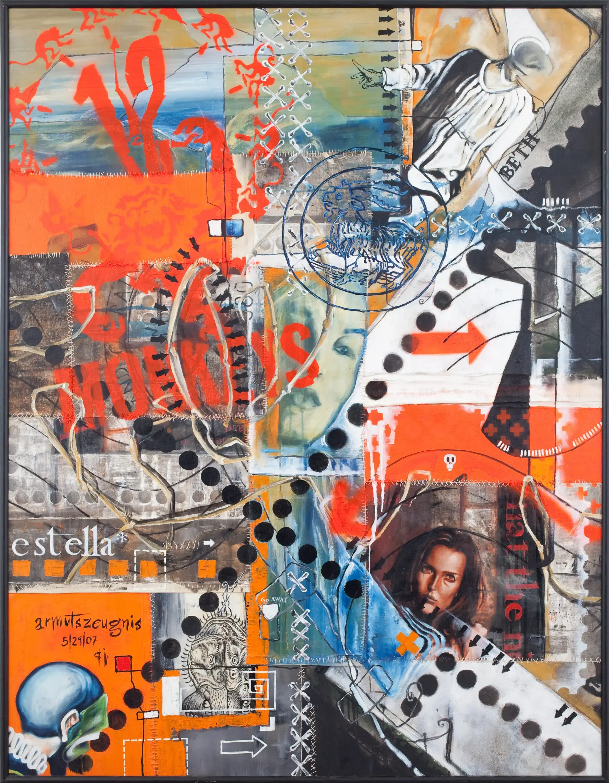 Orangefarbene Collage mit Zahlen und Textfragmenten