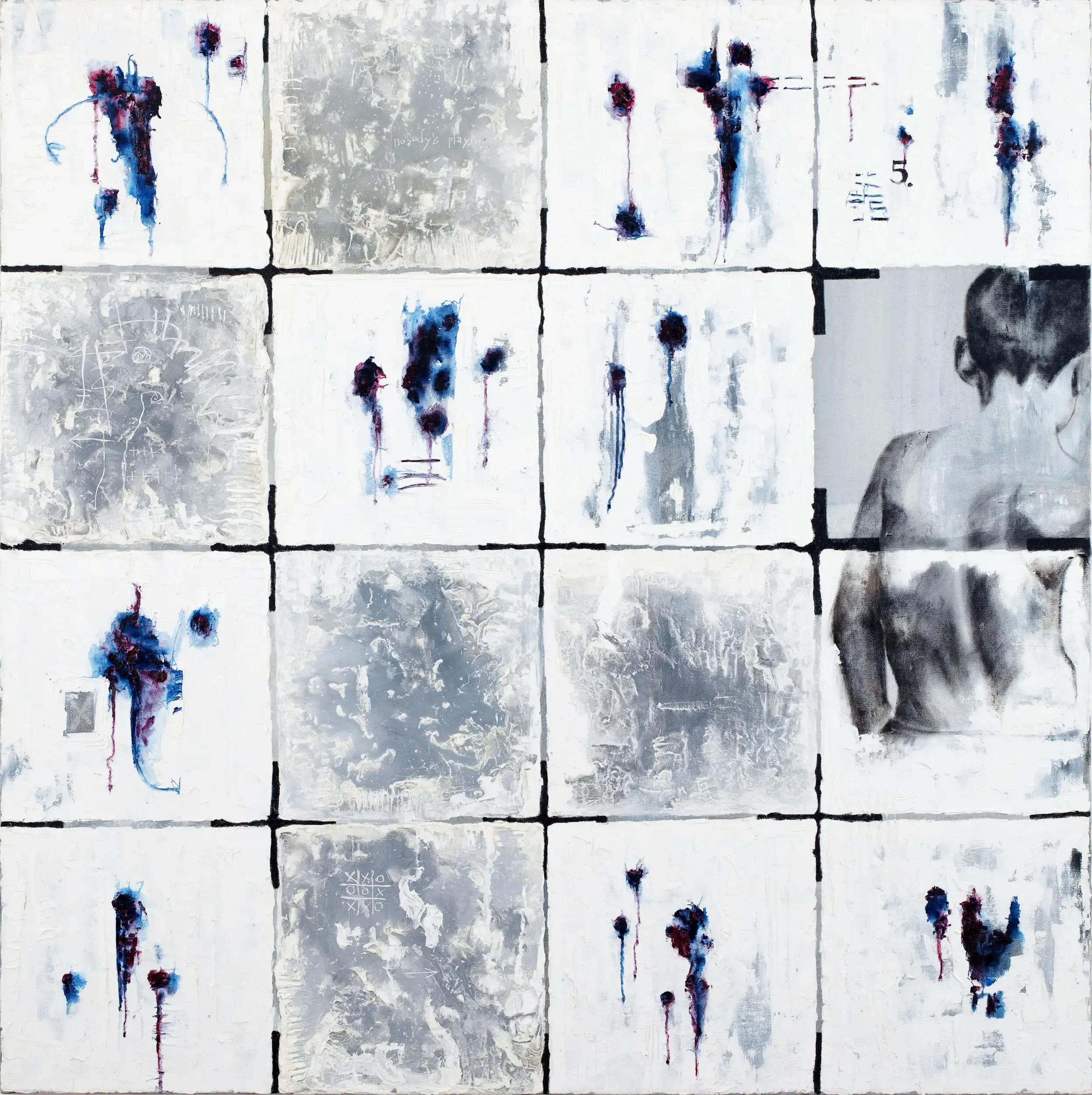 Collage aus einem Raster kleiner grauer Figurenskizzen