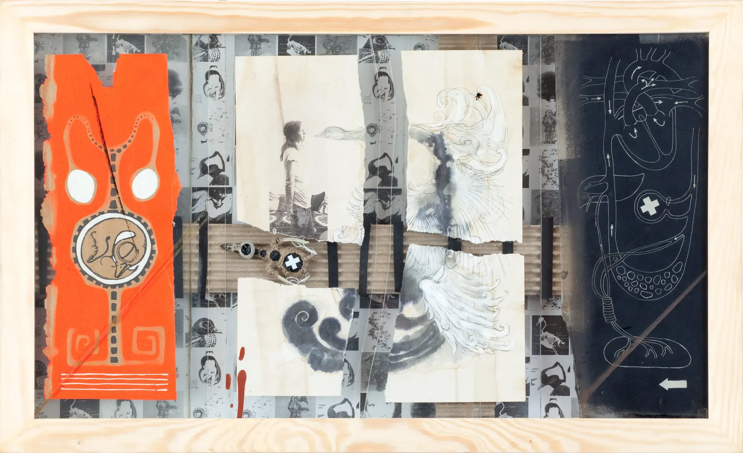 Mixed-Media-Collage mit Schlüsselmotiv in Orange
