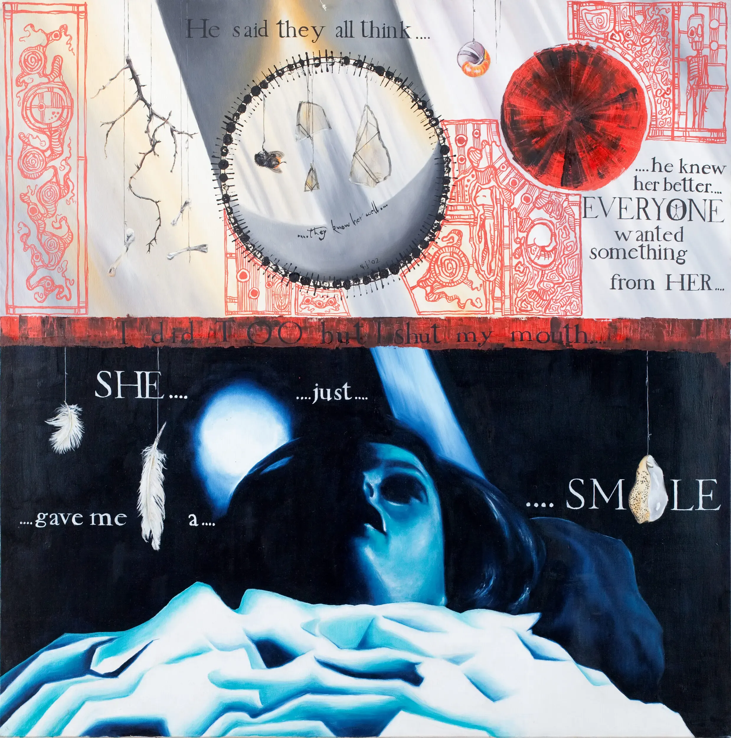 Collage mit liegender Frau in Blau und Schriftzug Smile