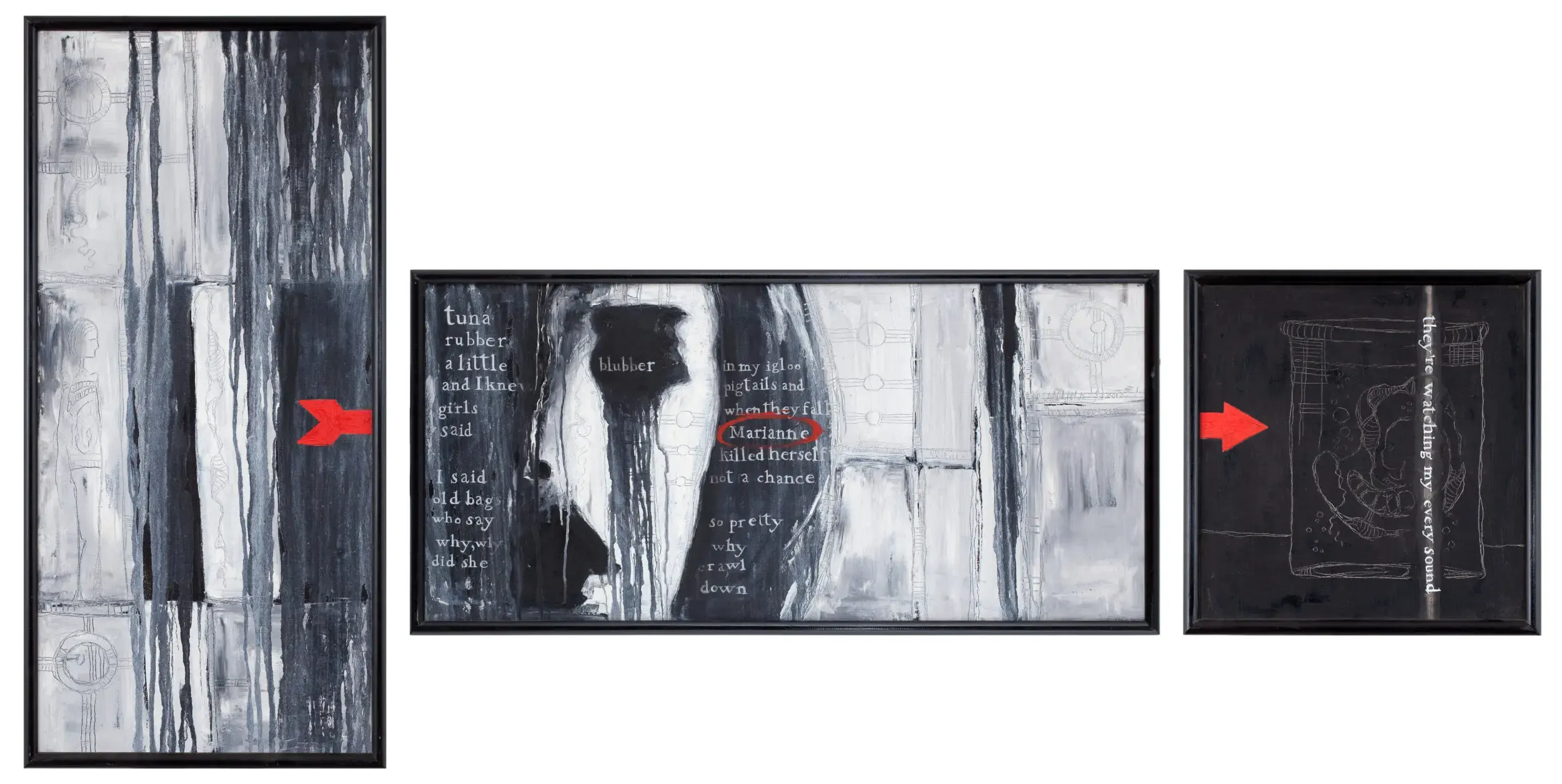 Dreiteilige Schwarzweiß-Collage mit Textfragmenten