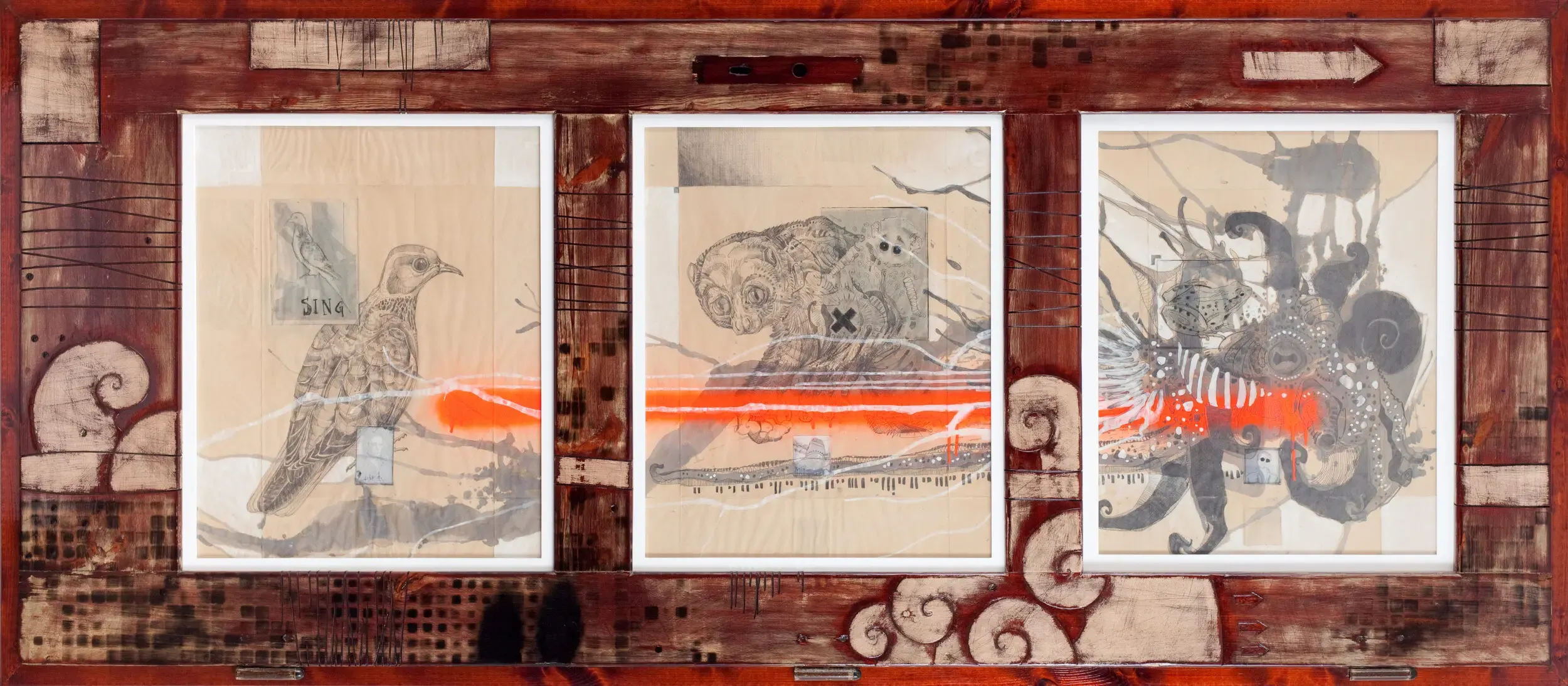 Dreiteilige Collage mit Vogelmotiv in Braun- und Rottönen