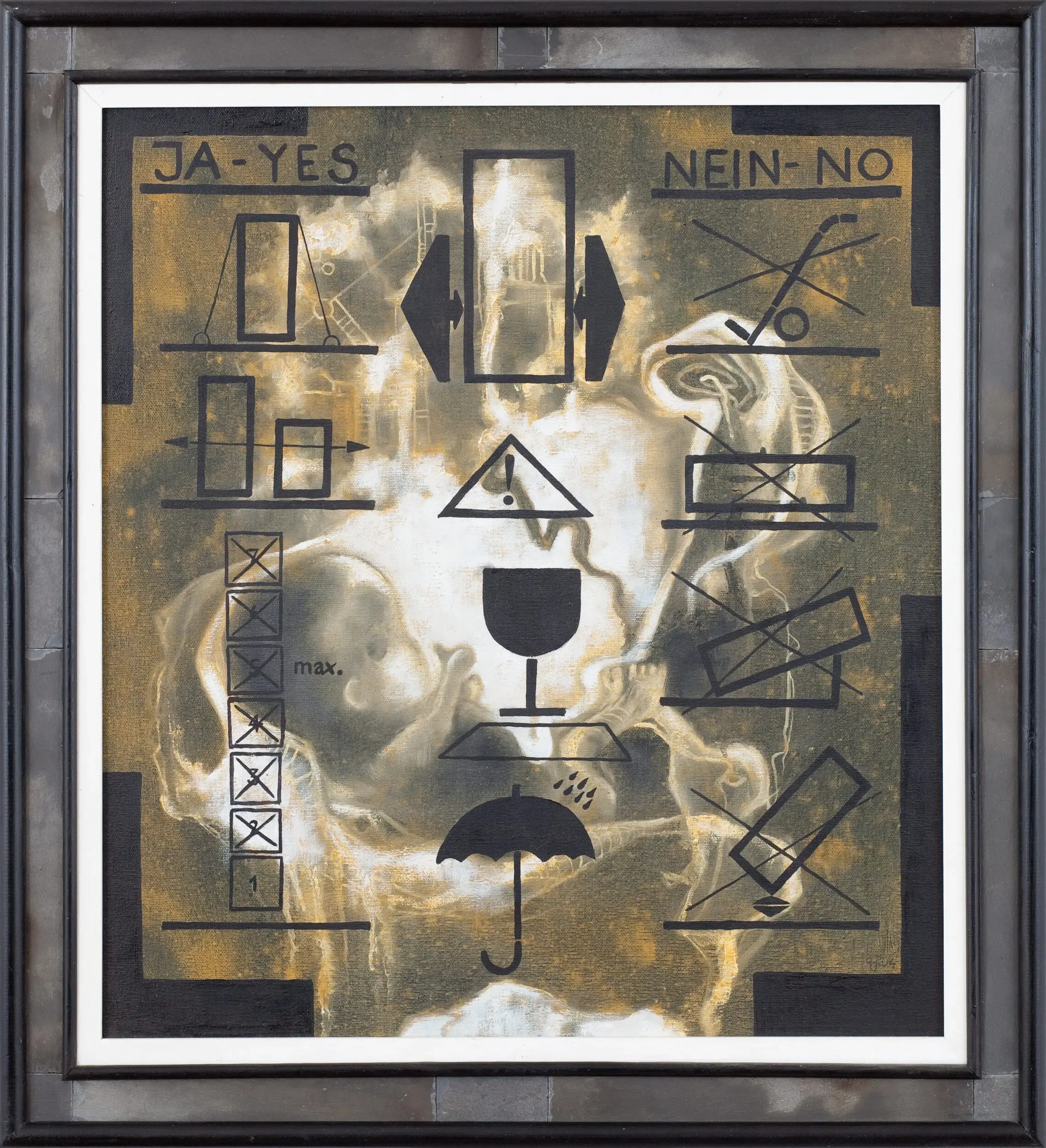 Collage mit Symbolen und Schriftzügen 'Ja' und 'Nein' in Olivtönen