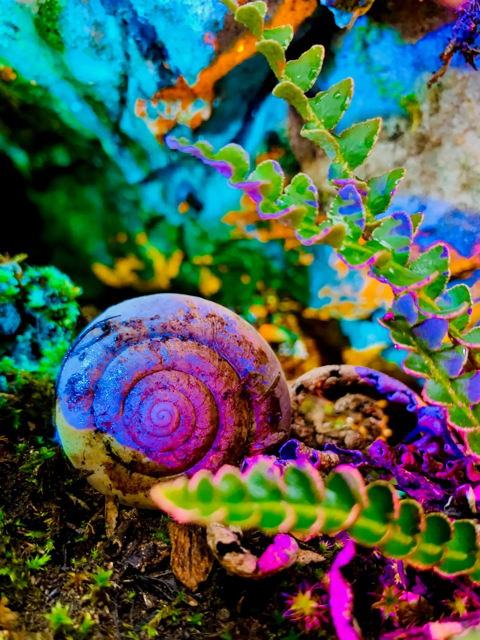 Psychedelisch eingefärbte Schnecke auf einer Pflanze, Cross Section