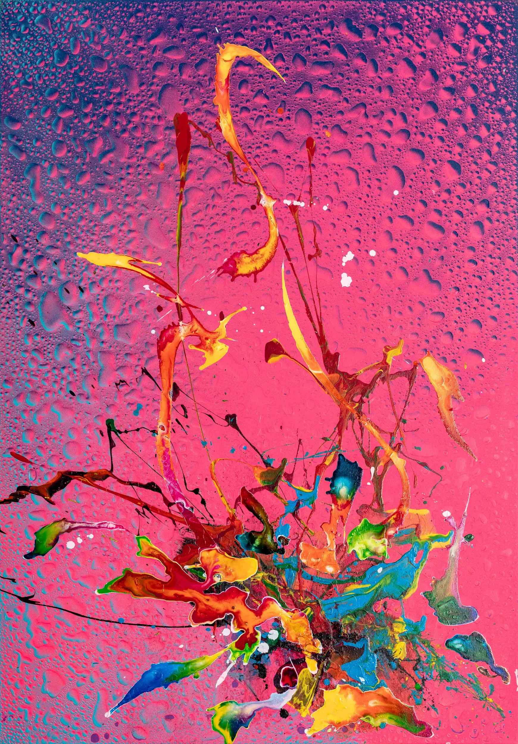Abstraktes Splash-Gemälde in Pink mit bunten Farbspritzern