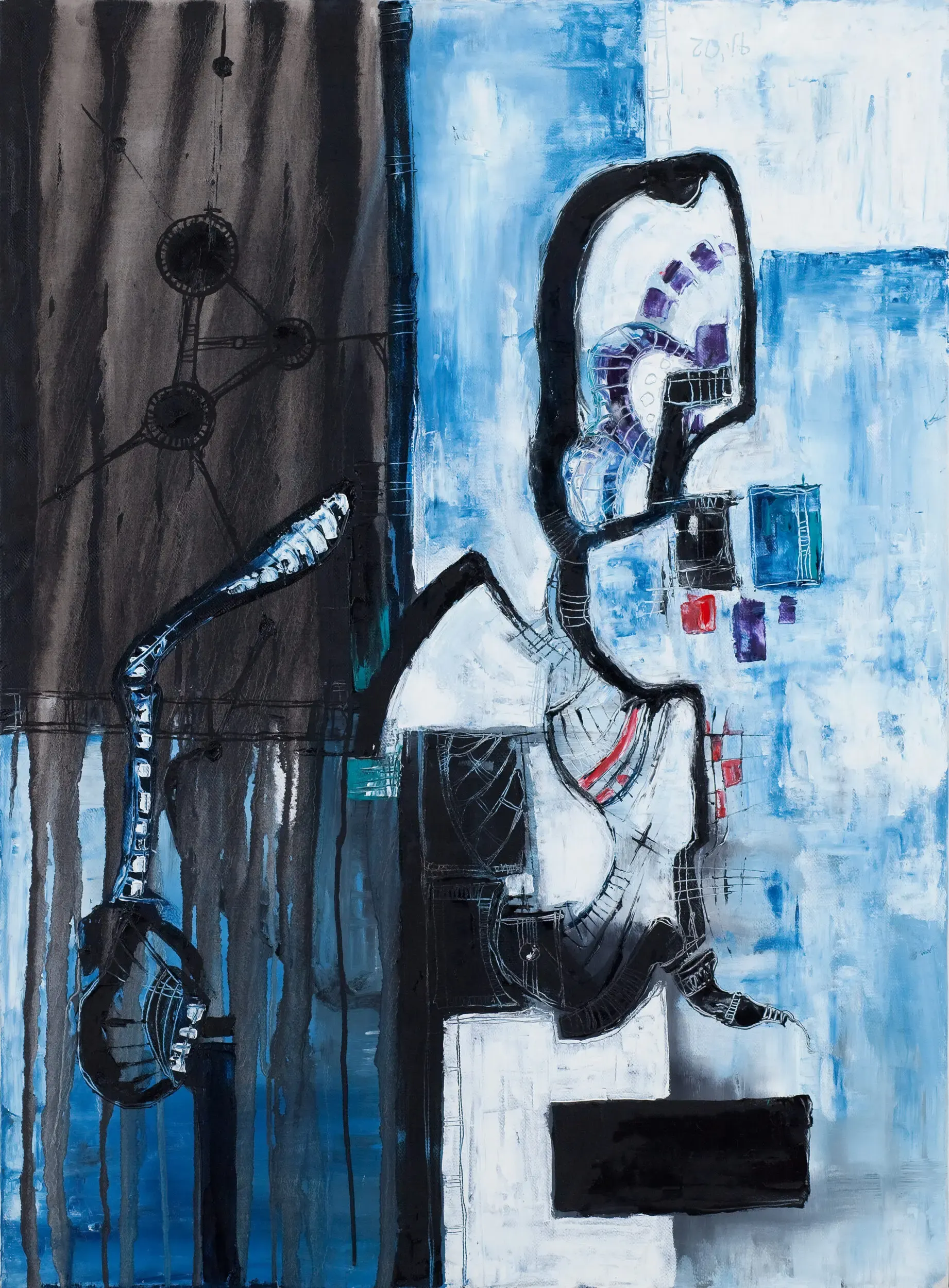 Abstraktes Gemälde einer Figur in Blau- und Schwarztönen
