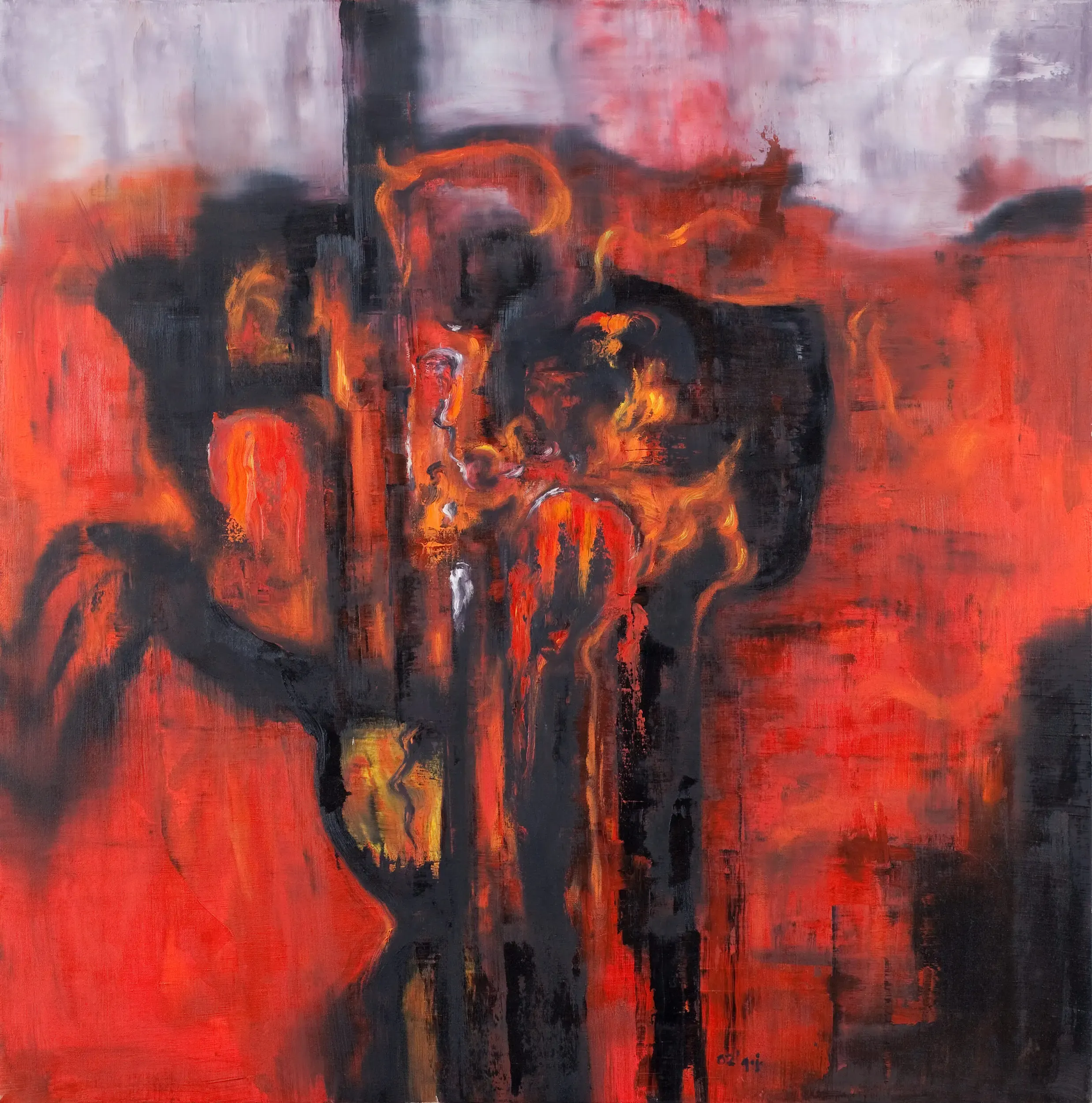 Abstraktes rot-oranges Gemälde mit baumartiger Figur