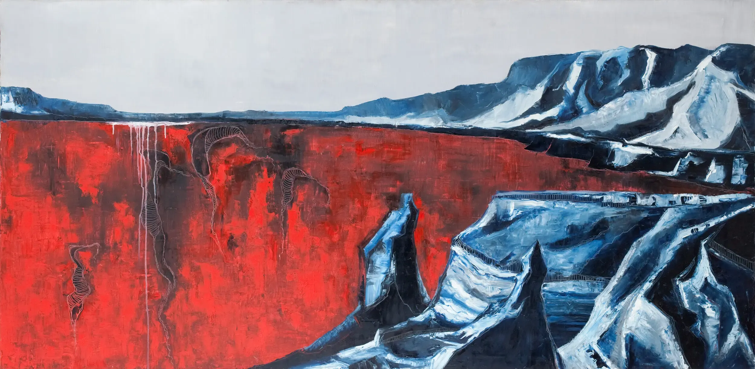 Abstraktes Gemälde einer Berglandschaft in Rot und Blau