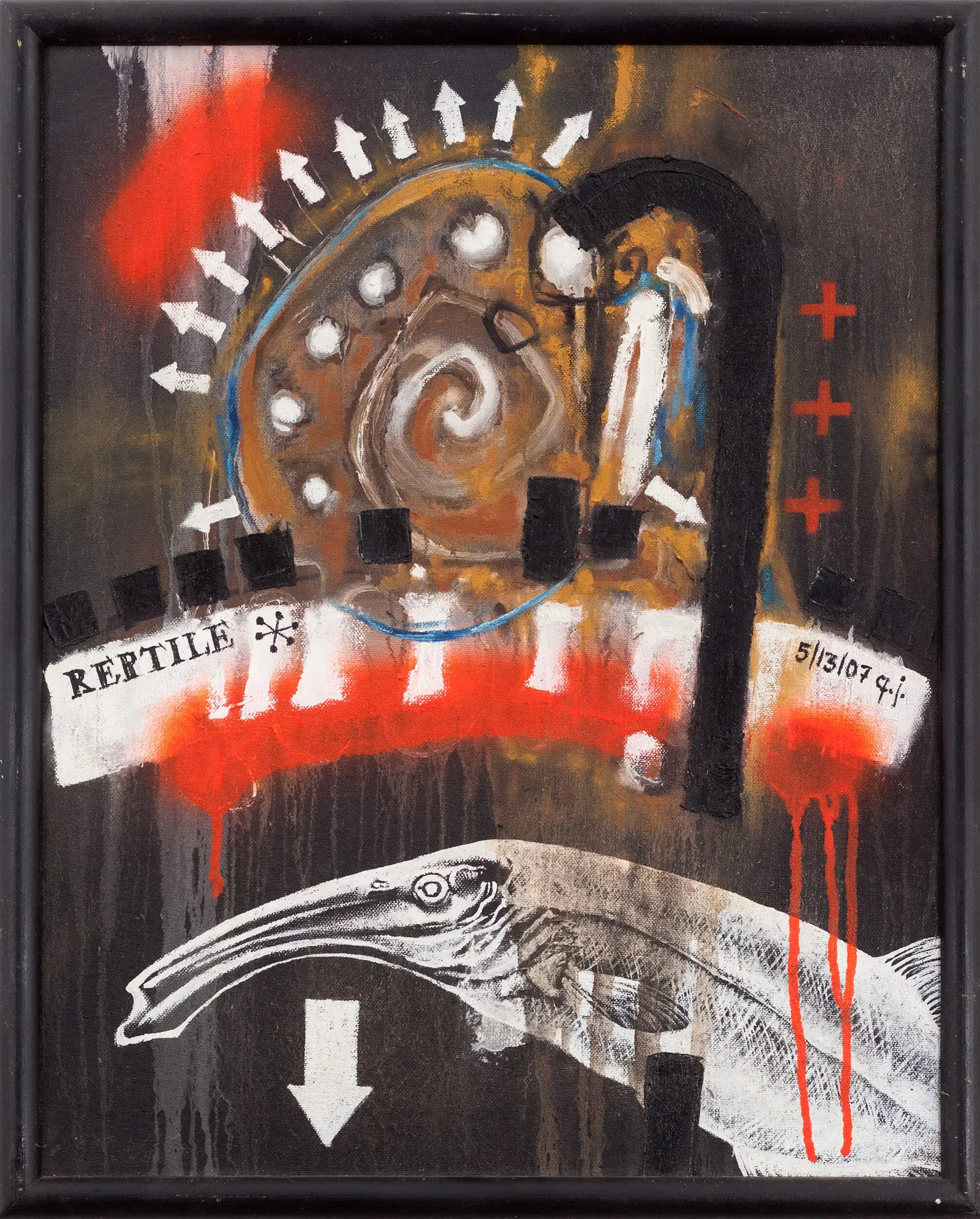 Abstraktes Gemälde mit Spiralform in Rot und Schwarz