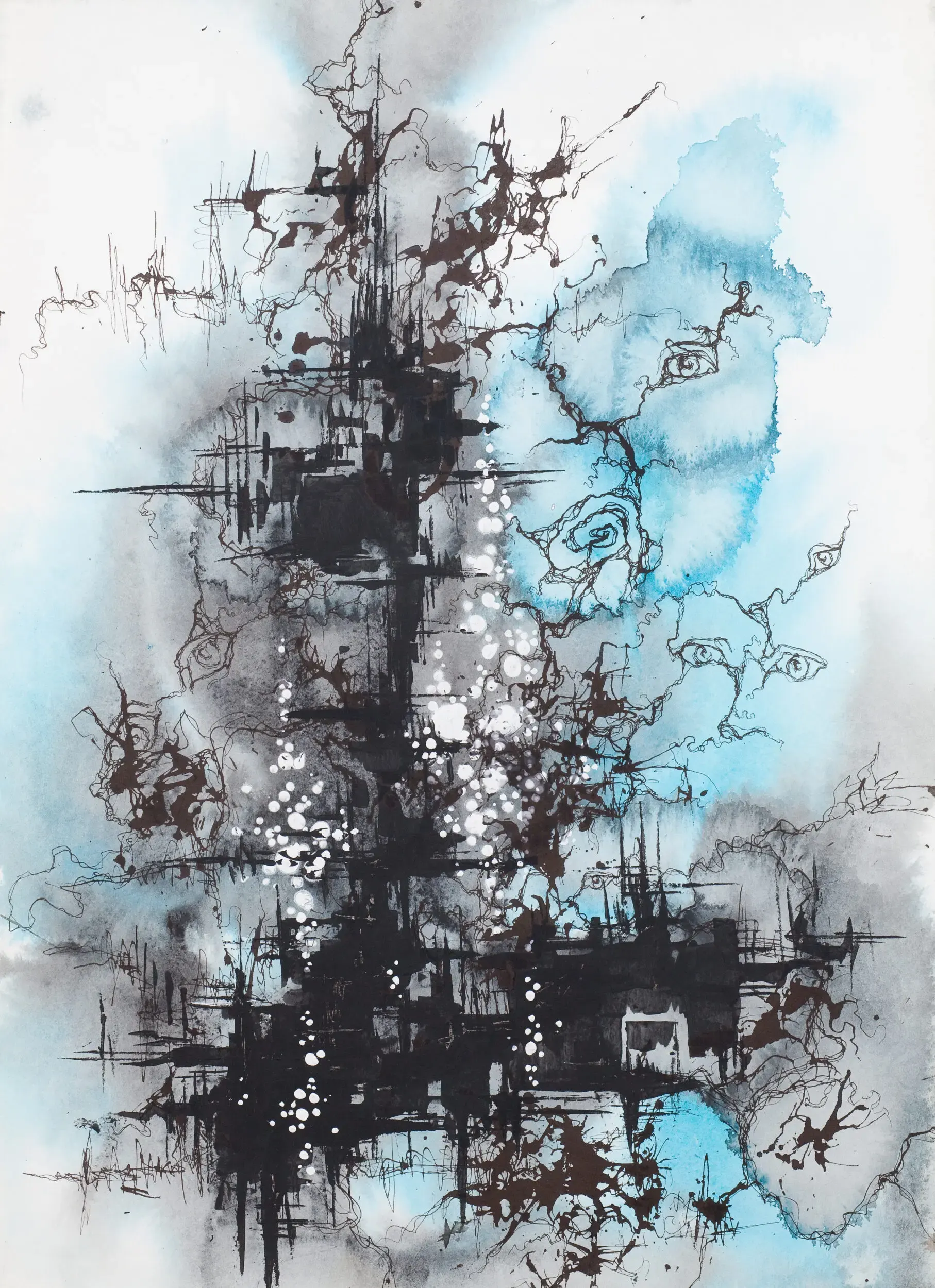 Abstrakte Tuschezeichnung mit blauer Aquarellwäsche