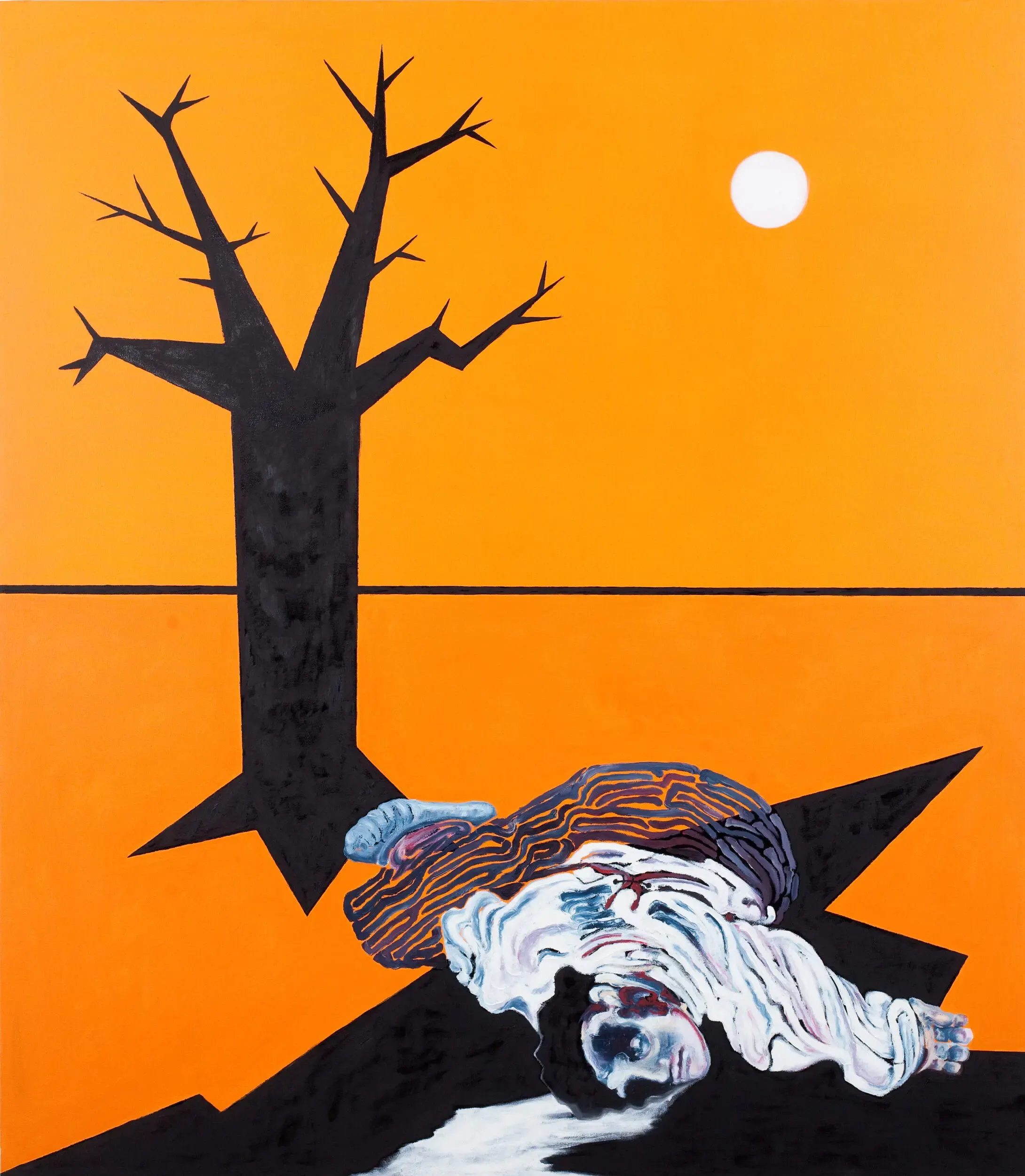 Gemälde eines Baumes mit liegender Figur vor orangefarbenem Himmel